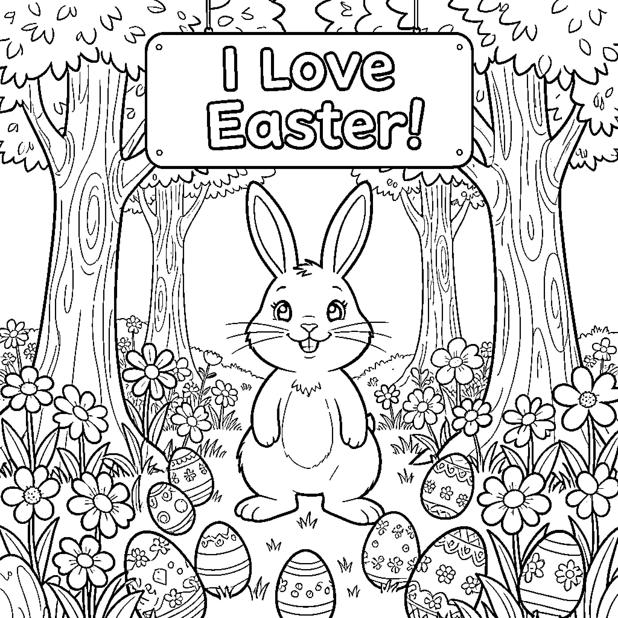 Bunny expressing love for Easter in the woods Coloring Page (free black-and-white line drawing printable PDF for all, from beginners to advanced learners, including children, teens, adults, and seniors)