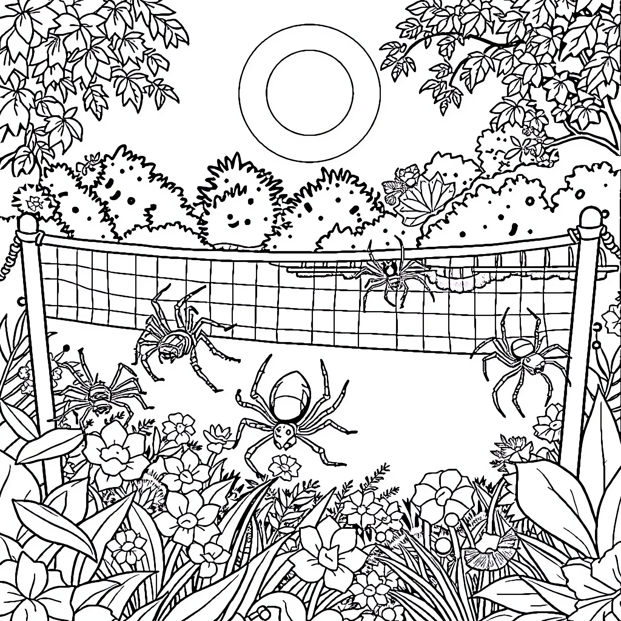 Spider Volleyball Game in the Garden Coloring Page (free black-and-white line drawing printable PDF for all, from beginners to advanced learners, including children, teens, adults, and seniors)