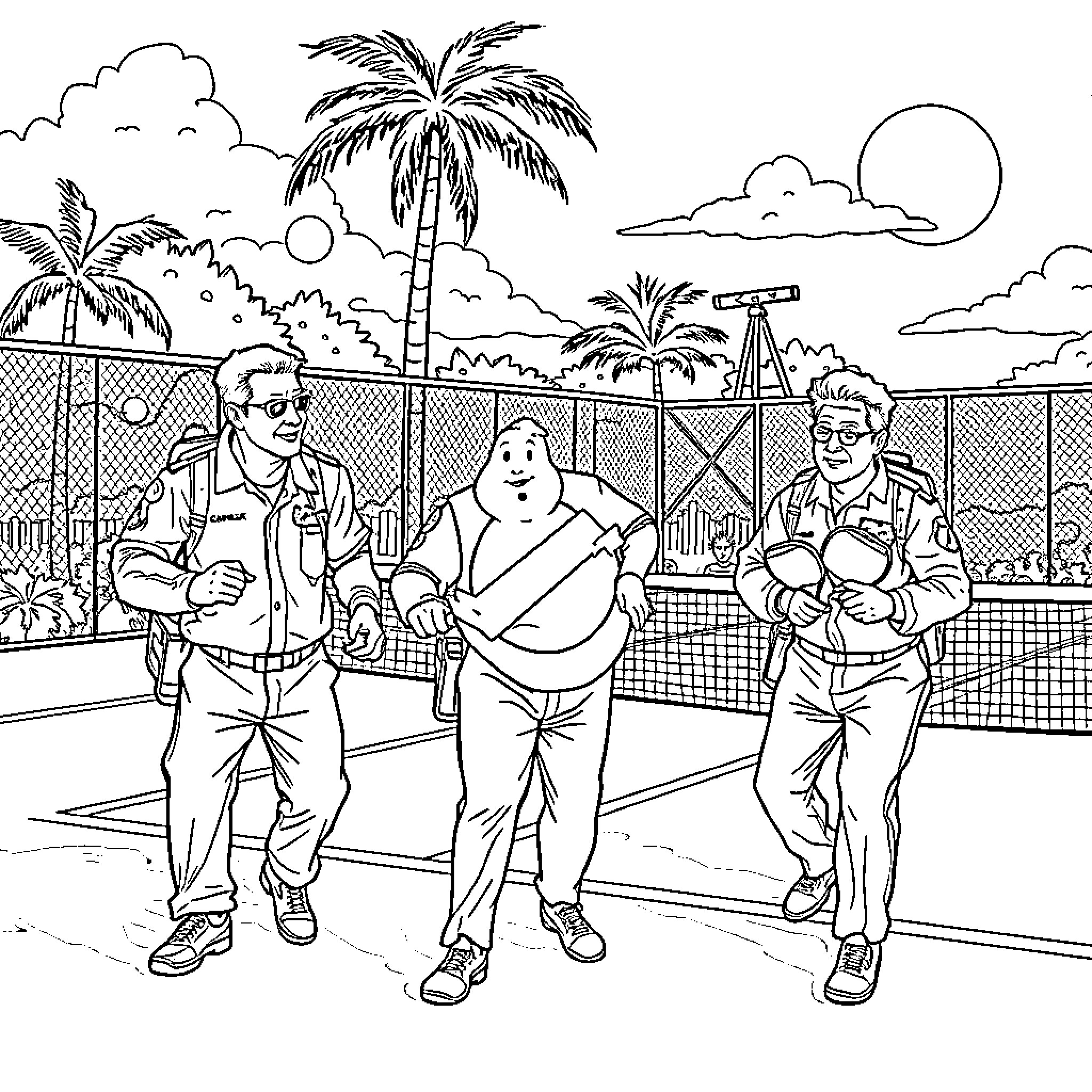 Ghostbusters characters in an exotic outdoor setting Coloring Page (free black-and-white line drawing printable PDF for all, from beginners to advanced learners, including children, teens, adults, and seniors)