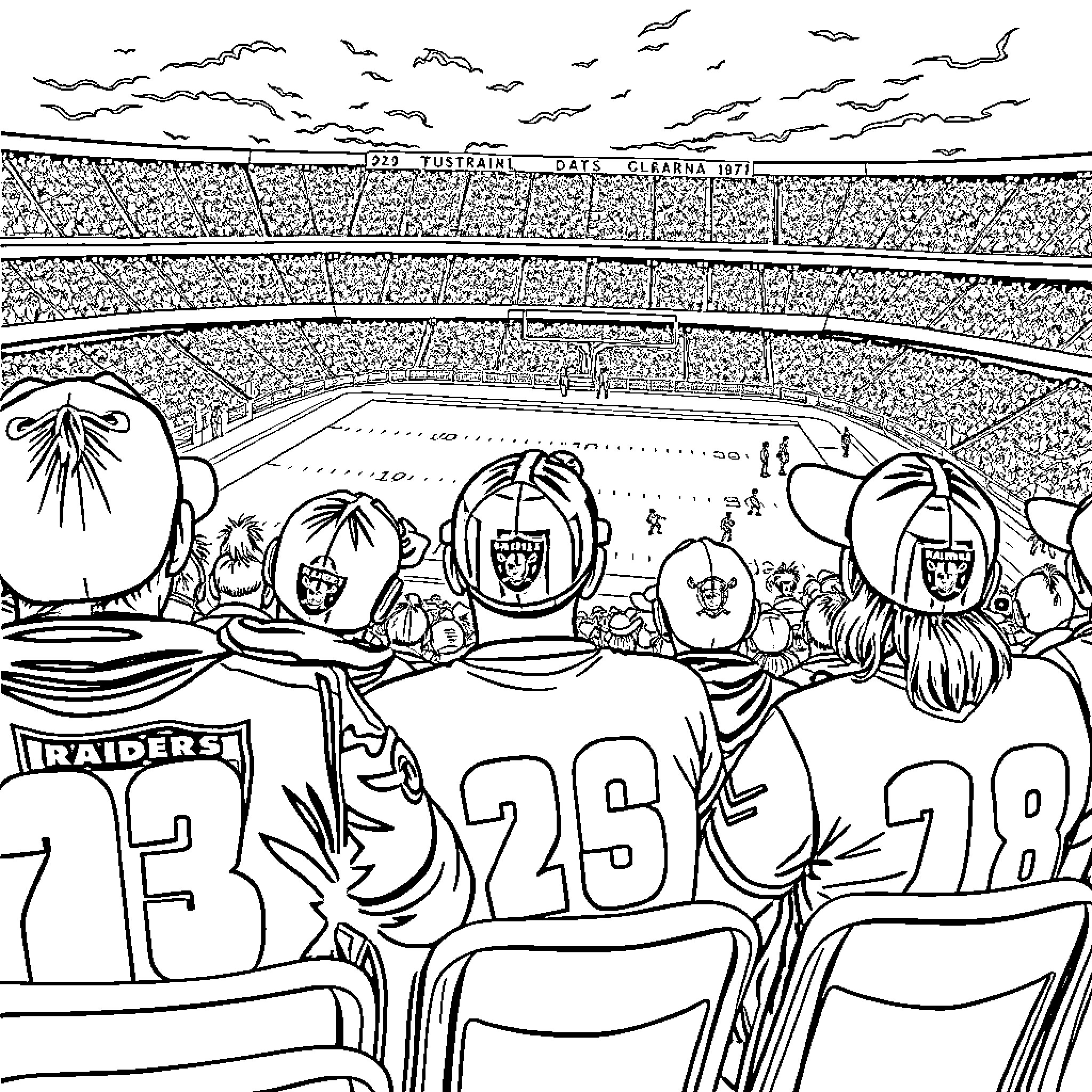 Raider fans cheering enthusiastically at the stadium Coloring Page (free black-and-white line drawing printable PDF for all, from beginners to advanced learners, including children, teens, adults, and seniors)
