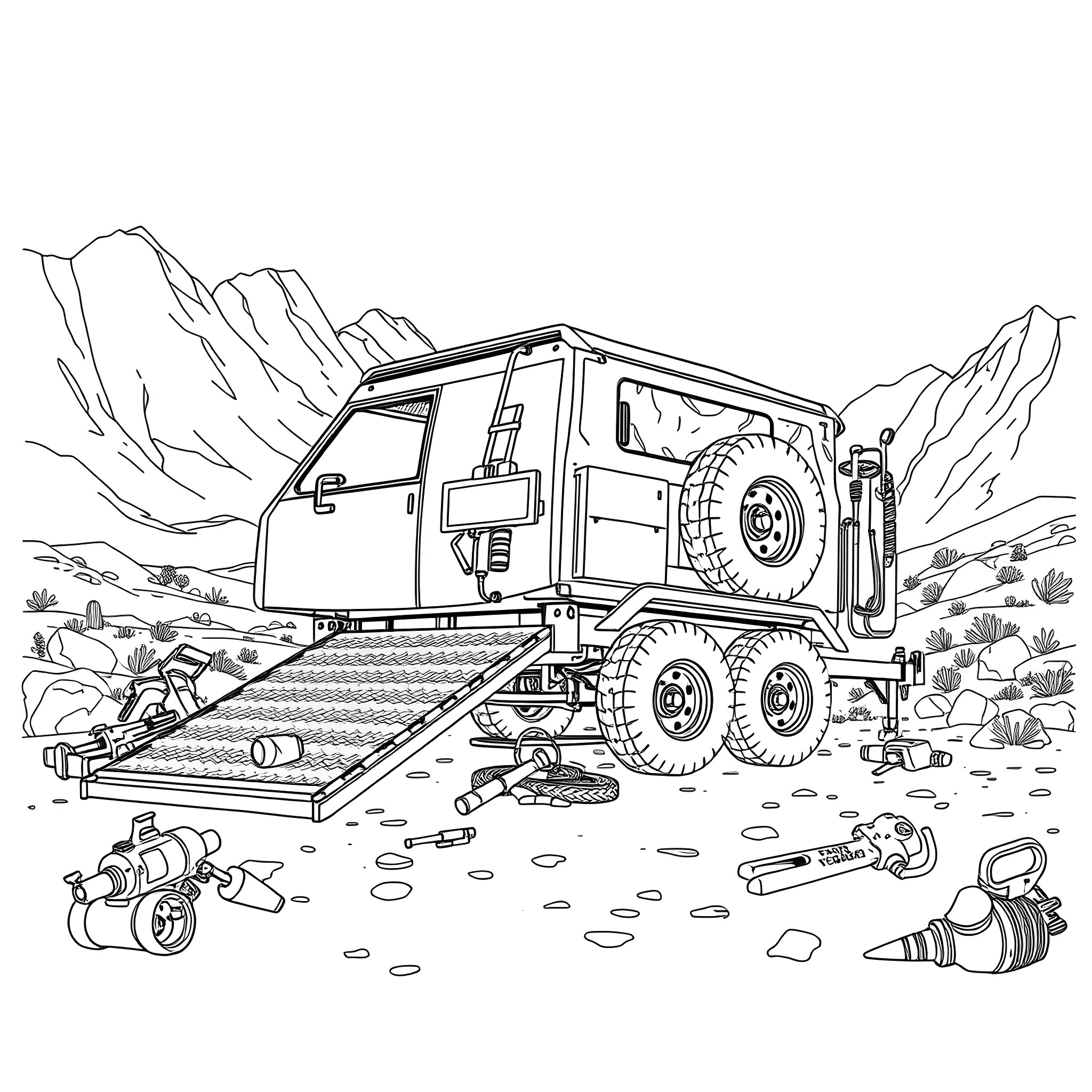 Car Trailer Carrying Rugged Off-Road Vehicle in Rocky Terrain Coloring Page (free black-and-white line drawing printable PDF for all, from beginners to advanced learners, including children, teens, adults, and seniors)