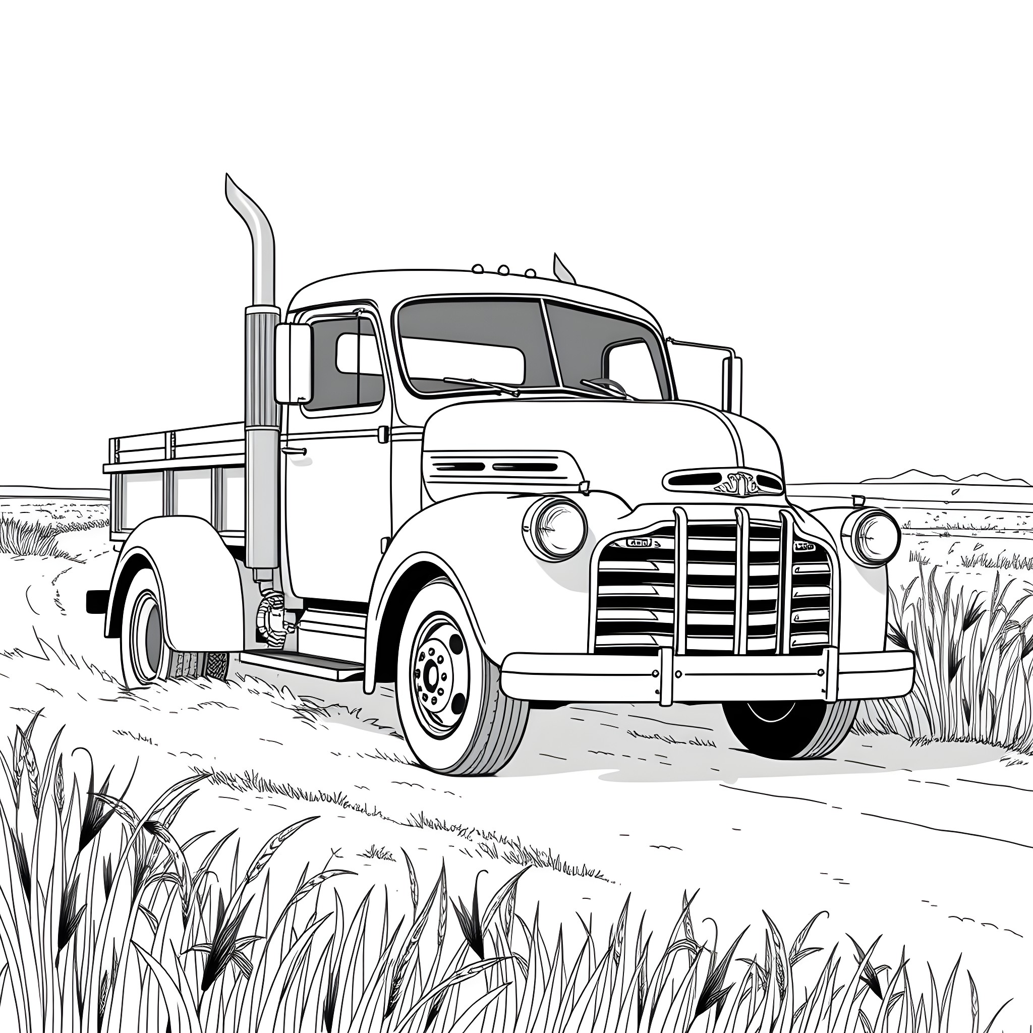 Truck parked in rural landscape Coloring Page (free black-and-white line drawing printable PDF for all, from beginners to advanced learners, including children, teens, adults, and seniors)