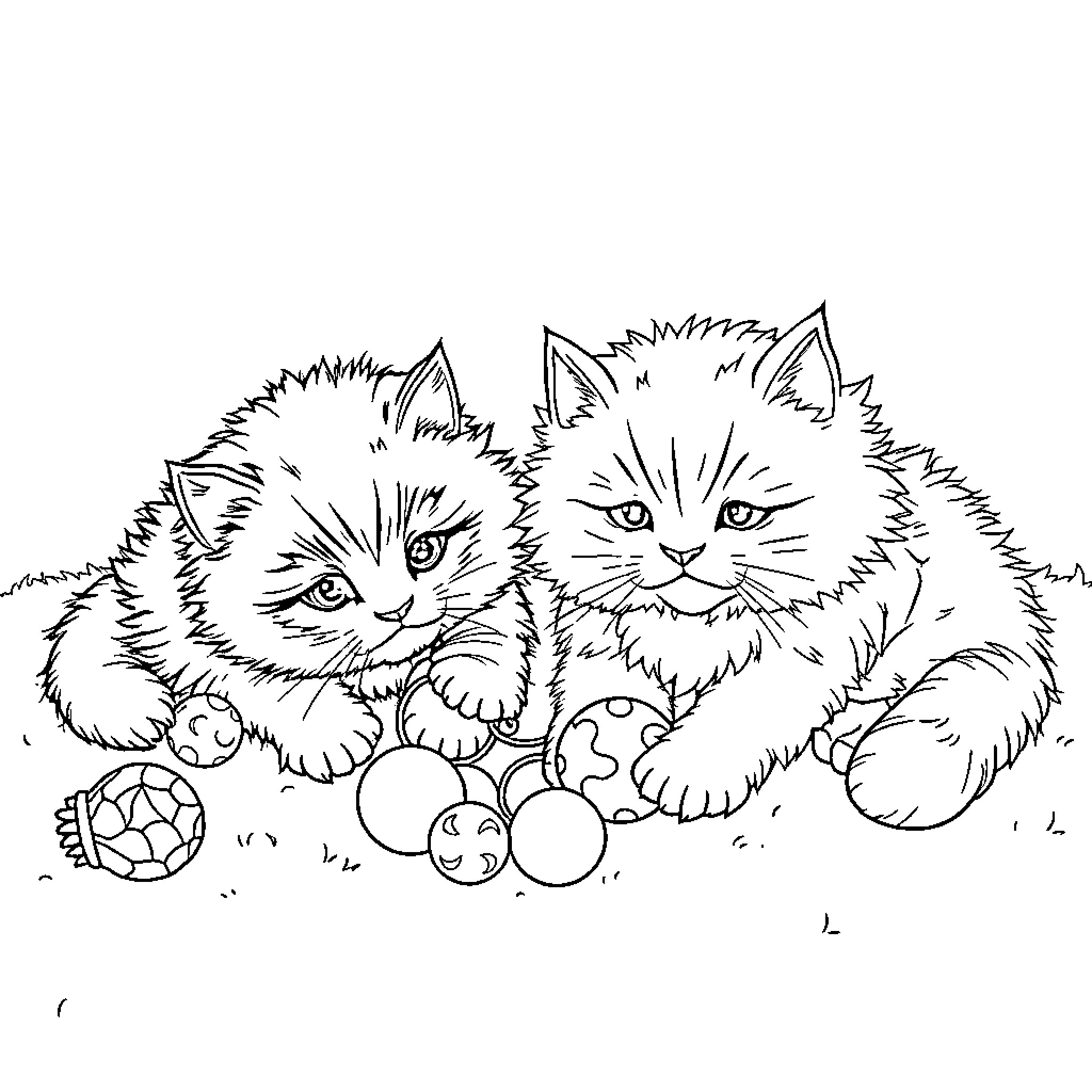 Cat kittens playing with colorful balls Coloring Page (free black-and-white line drawing printable PDF for all, from beginners to advanced learners, including children, teens, adults, and seniors)