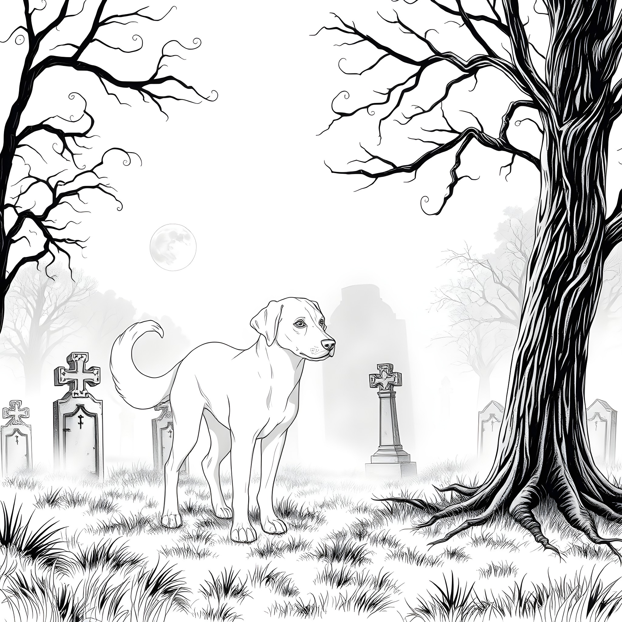Ghost Dog Stands Solemnly in Eerie Graveyard Coloring Page (free black-and-white line drawing printable PDF for all, from beginners to advanced learners, including children, teens, adults, and seniors)