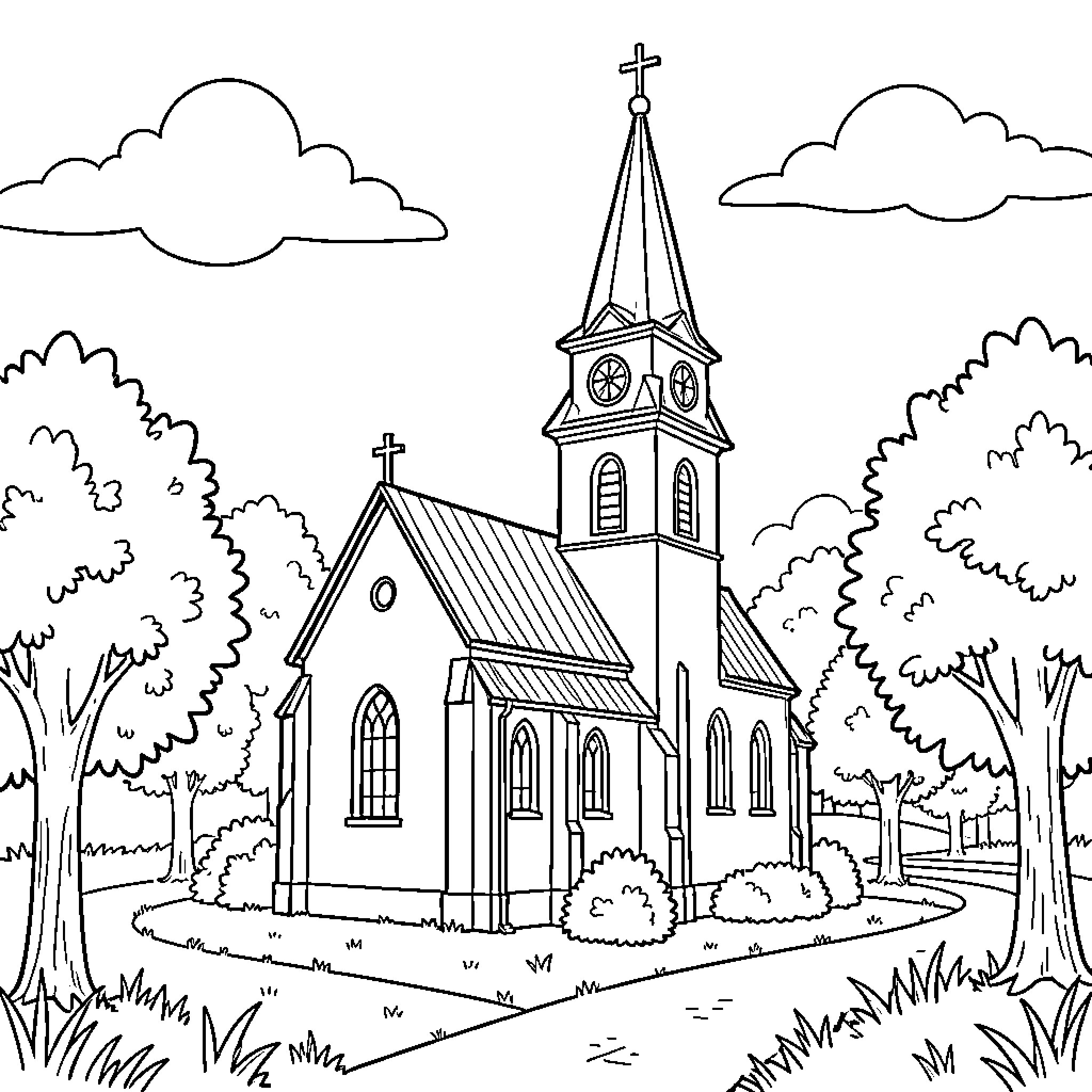 Church in the Woods with Scenic Landscape Coloring Page (free black-and-white line drawing printable PDF for all, from beginners to advanced learners, including children, teens, adults, and seniors)