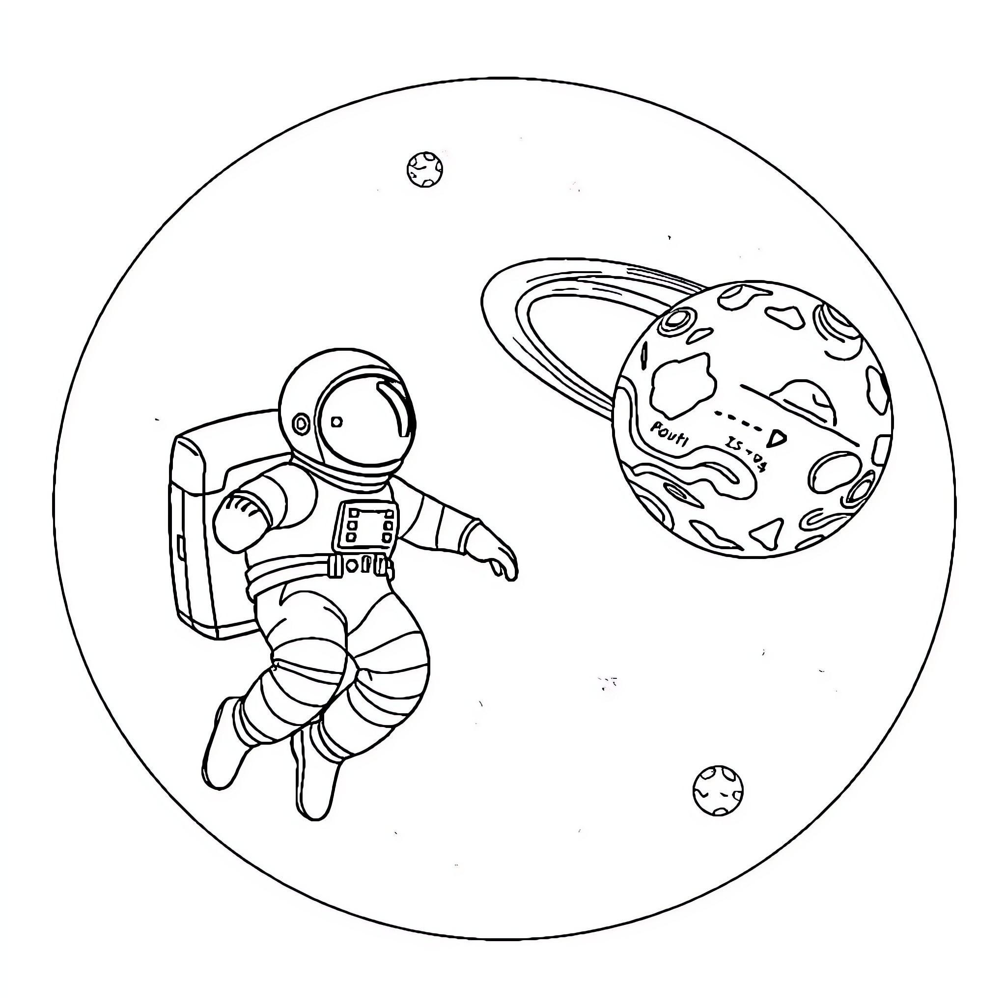 Astronaut exploring outer space near a planet Coloring Page (free black-and-white line drawing printable PDF for all, from beginners to advanced learners, including children, teens, adults, and seniors)