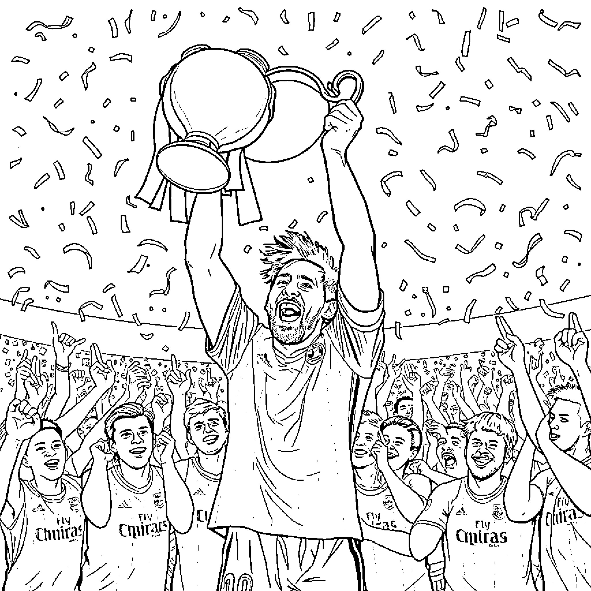 Messi celebrating trophy win with teammates Coloring Page (free black-and-white line drawing printable PDF for all, from beginners to advanced learners, including children, teens, adults, and seniors)