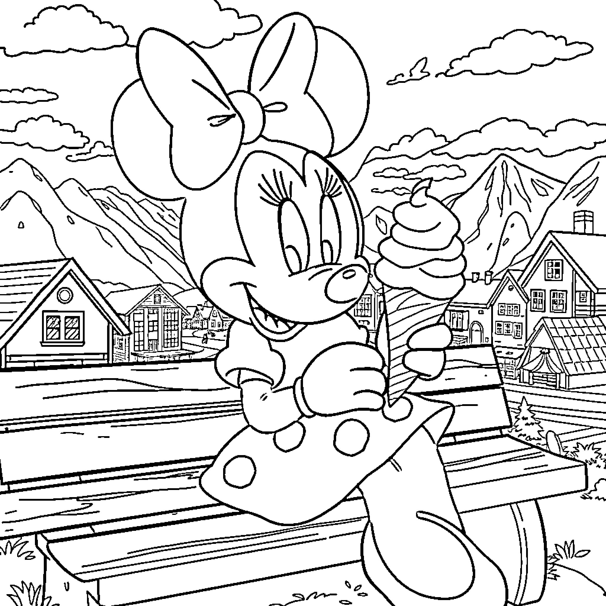 Minnie Mouse in a Scenic Mountain Landscape Coloring Page (free black-and-white line drawing printable PDF for all, from beginners to advanced learners, including children, teens, adults, and seniors)