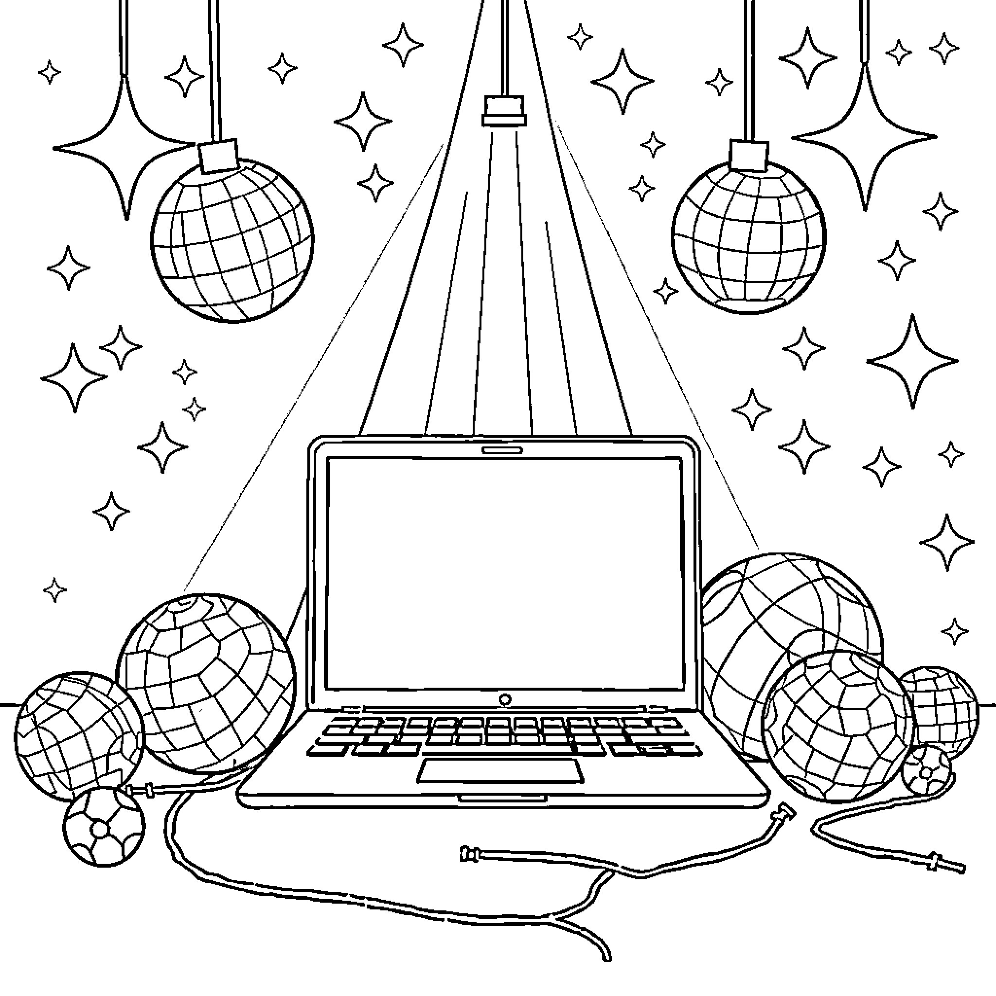 Laptop with disco balls and sparkling stars Coloring Page (free black-and-white line drawing printable PDF for all, from beginners to advanced learners, including children, teens, adults, and seniors)