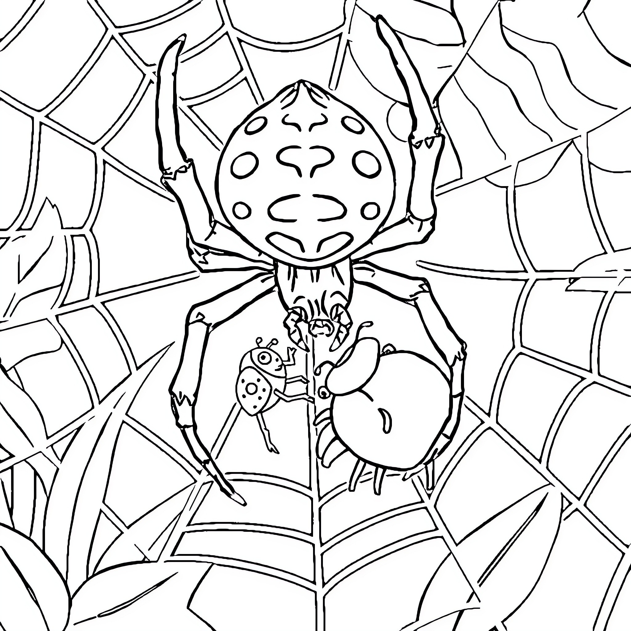 Spider guarding its web and prey Coloring Page (free black-and-white line drawing printable PDF for all, from beginners to advanced learners, including children, teens, adults, and seniors)