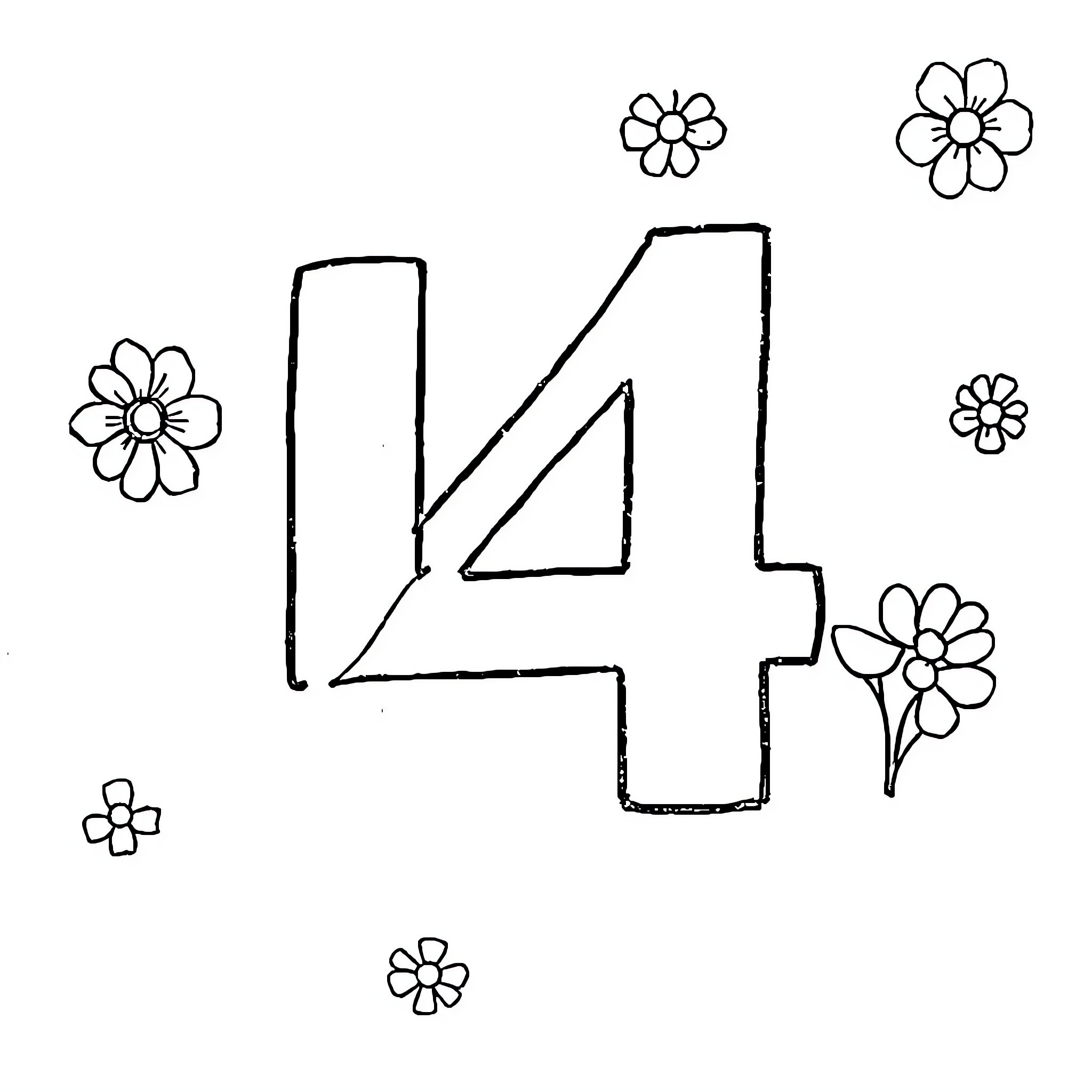 Math number four with doodle flowers Coloring Page (free black-and-white line drawing printable PDF for all, from beginners to advanced learners, including children, teens, adults, and seniors)
