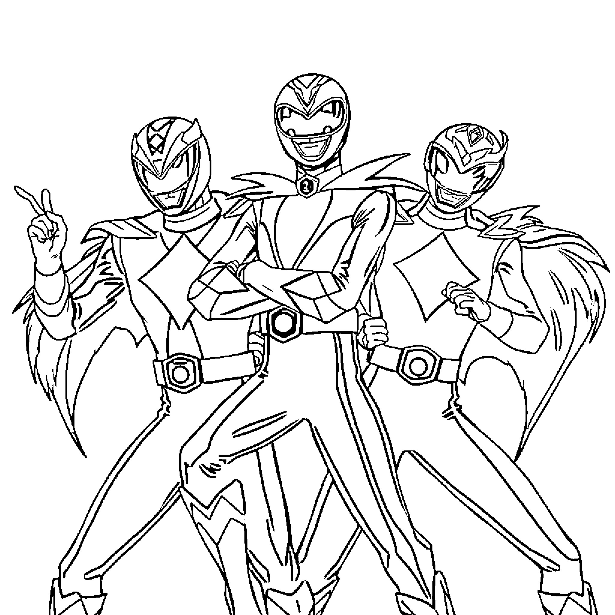 Power Rangers in Action Poses Coloring Page (free black-and-white line drawing printable PDF for all, from beginners to advanced learners, including children, teens, adults, and seniors)