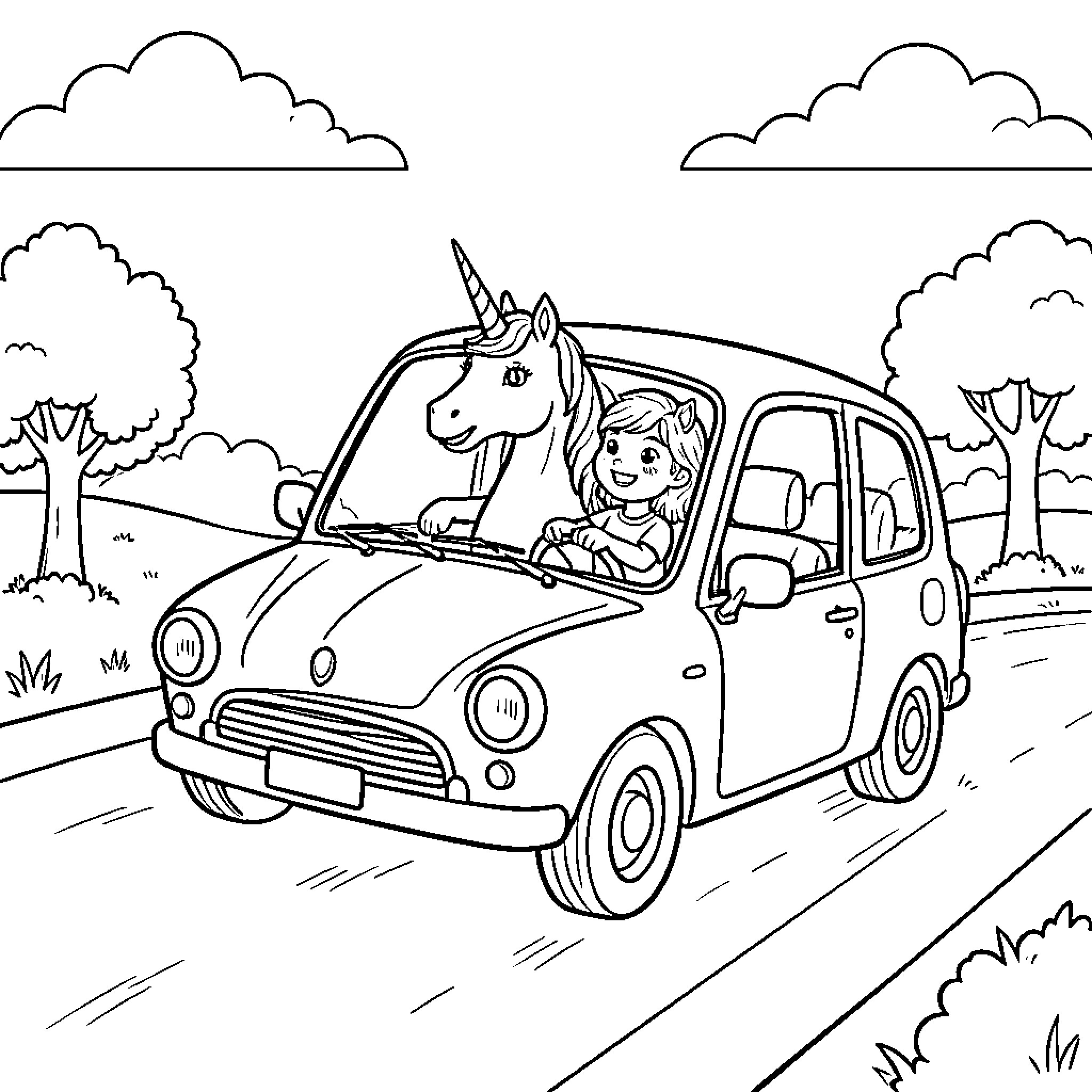 Unicorn and a girl driving a small car Coloring Page (free black-and-white line drawing printable PDF for all, from beginners to advanced learners, including children, teens, adults, and seniors)