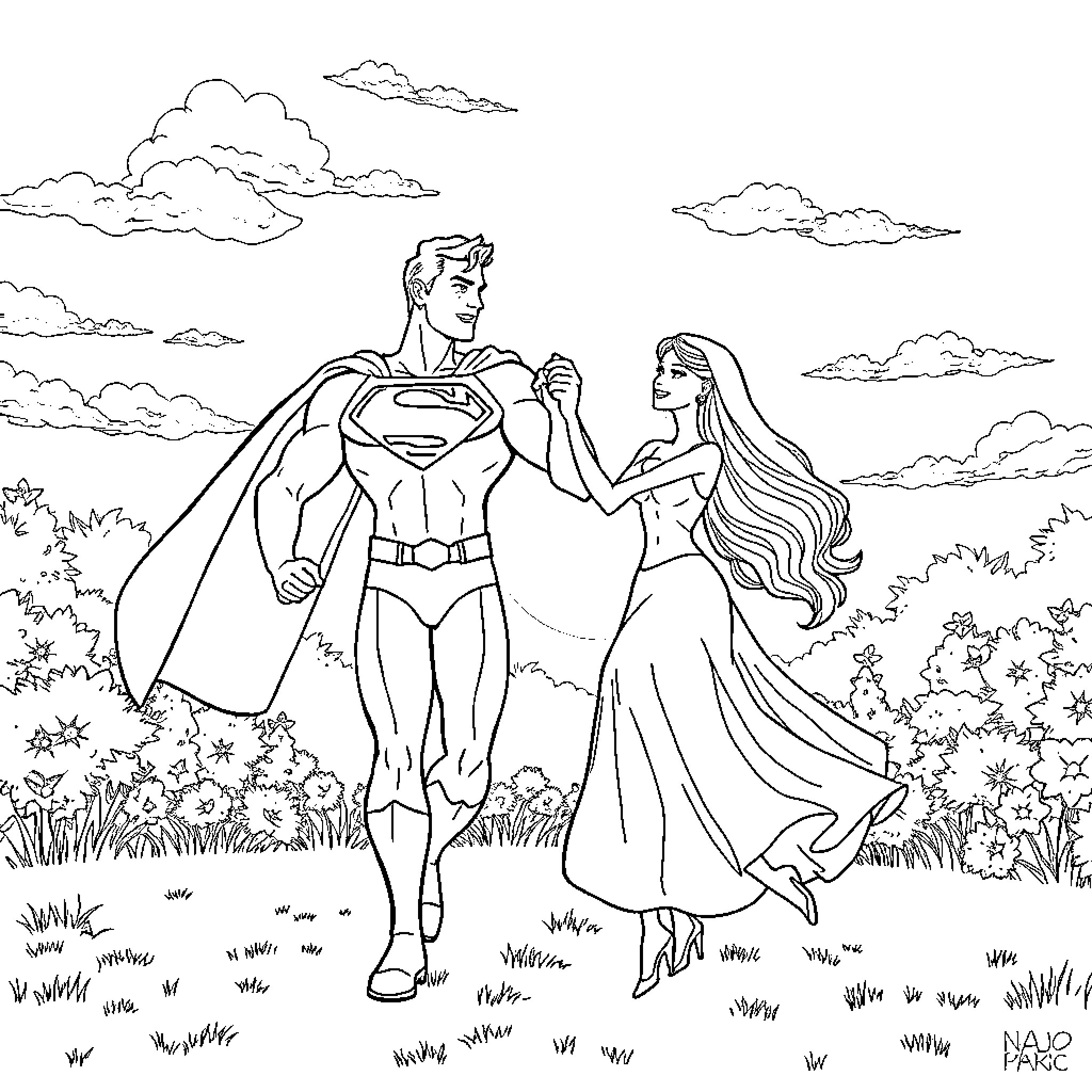 Superman and Wonder Woman in a Picturesque Outdoor Scene Coloring Page (free black-and-white line drawing printable PDF for all, from beginners to advanced learners, including children, teens, adults, and seniors)
