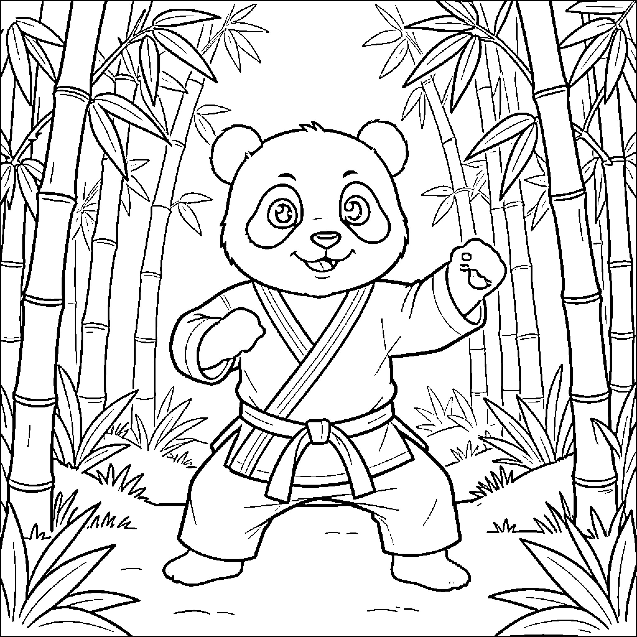 Panda practicing martial arts in a bamboo forest Coloring Page (free black-and-white line drawing printable PDF for all, from beginners to advanced learners, including children, teens, adults, and seniors)