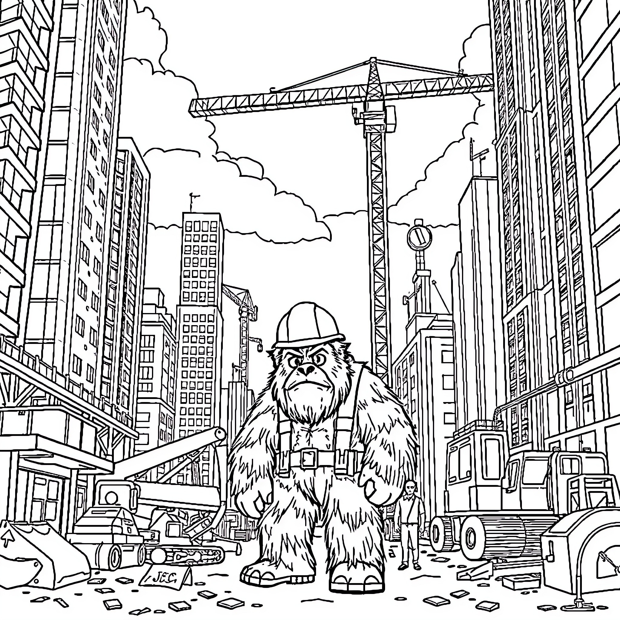Bigfoot exploring the bustling city construction site Coloring Page (free black-and-white line drawing printable PDF for all, from beginners to advanced learners, including children, teens, adults, and seniors)
