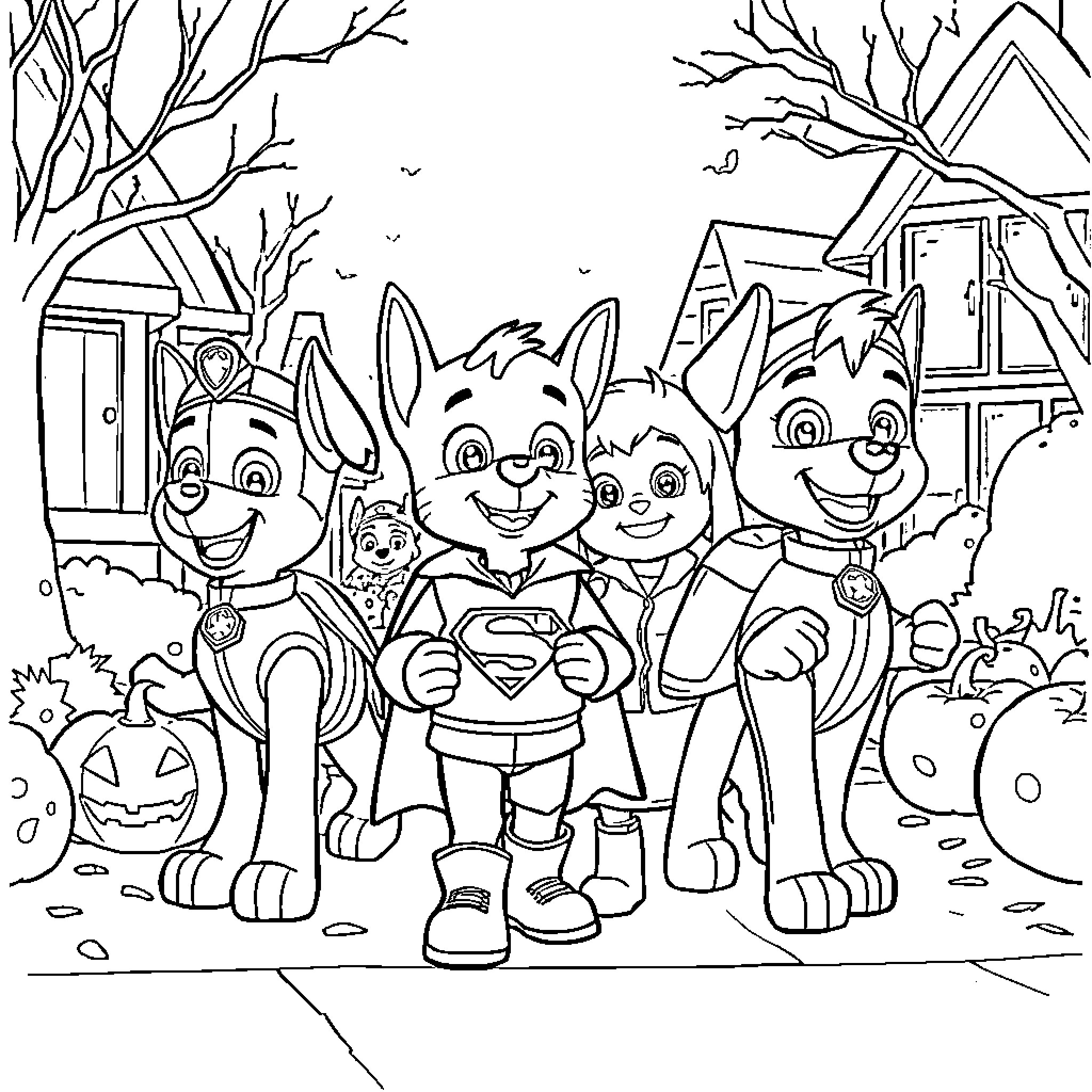 Paw Patrol Trick-or-Treating Adventure Coloring Page (free black-and-white line drawing printable PDF for all, from beginners to advanced learners, including children, teens, adults, and seniors)