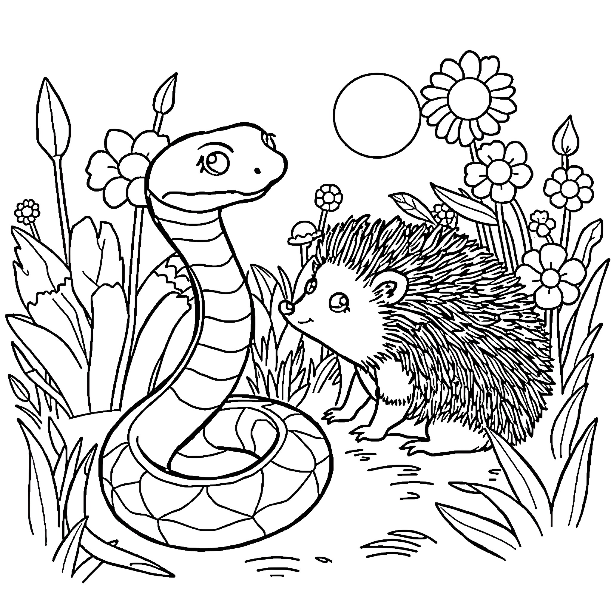 Snake and Hedgehog Playing in Floral Meadow Coloring Page (free black-and-white line drawing printable PDF for all, from beginners to advanced learners, including children, teens, adults, and seniors)