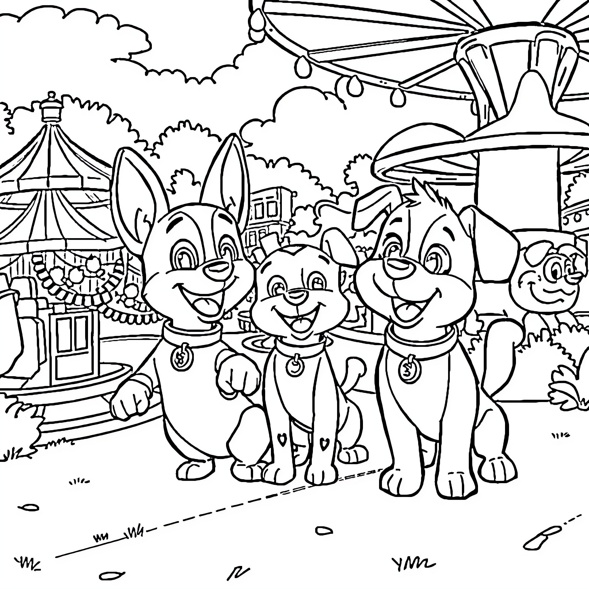 Paw Patrol characters at the carnival fairground Coloring Page (free black-and-white line drawing printable PDF for all, from beginners to advanced learners, including children, teens, adults, and seniors)