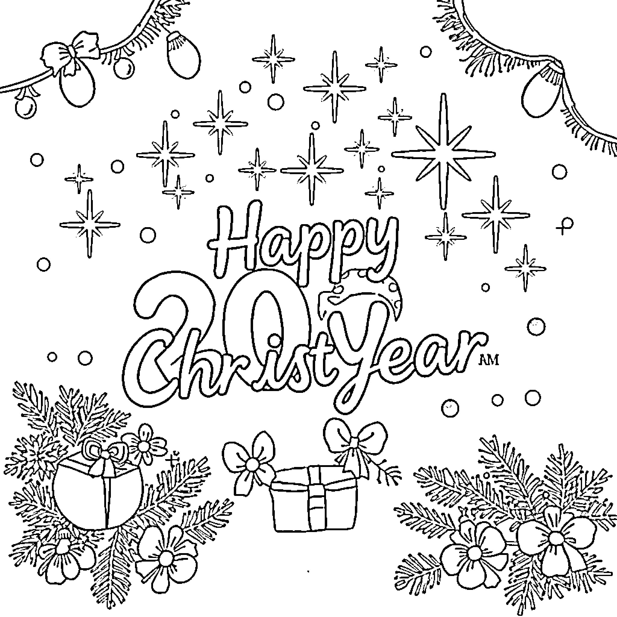 Christmas holiday celebration with festive decorations Coloring Page (free black-and-white line drawing printable PDF for all, from beginners to advanced learners, including children, teens, adults, and seniors)