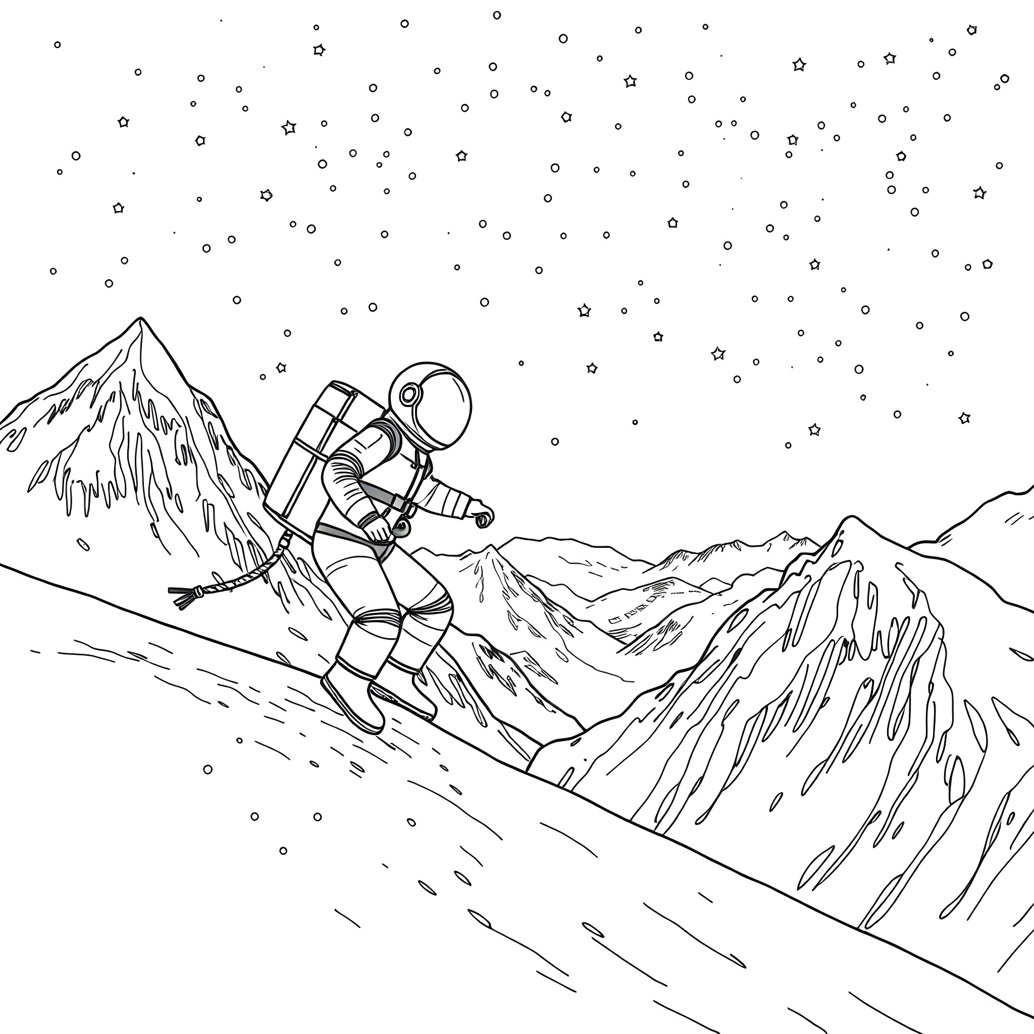 Astronaut exploring the mountainous terrain of a distant planet Coloring Page (free black-and-white line drawing printable PDF for all, from beginners to advanced learners, including children, teens, adults, and seniors)