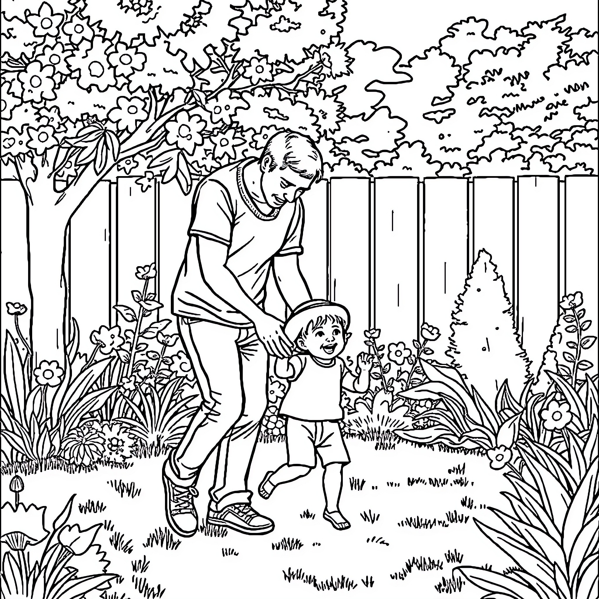 Father and child exploring the lush garden Coloring Page (free black-and-white line drawing printable PDF for all, from beginners to advanced learners, including children, teens, adults, and seniors)