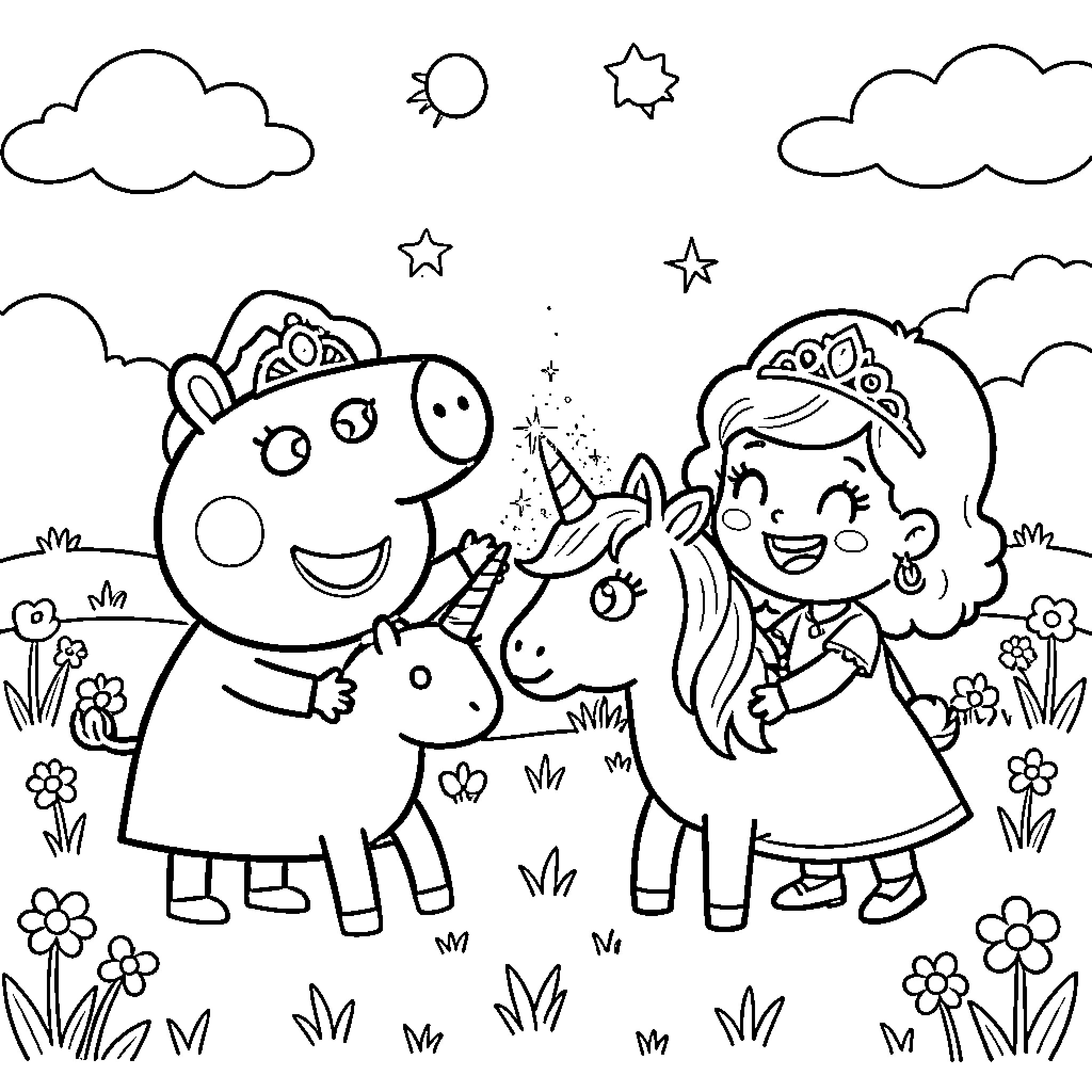 Peppa Pig and friend playing with unicorn in field Coloring Page (free black-and-white line drawing printable PDF for all, from beginners to advanced learners, including children, teens, adults, and seniors)