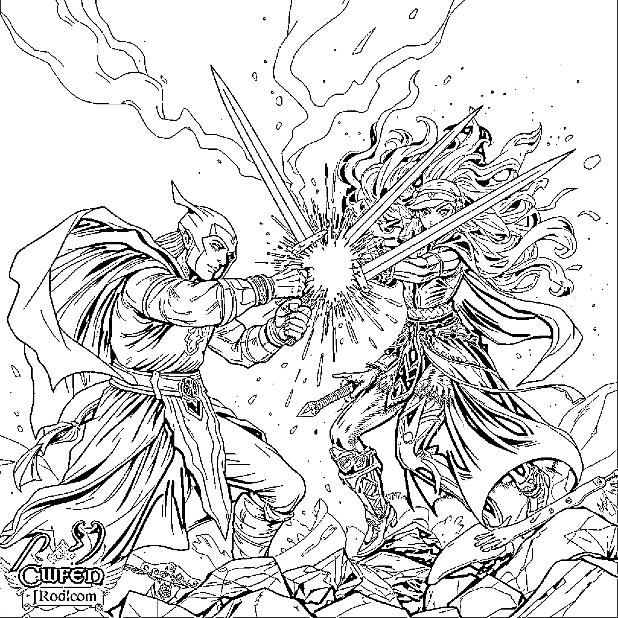 Elden Lord battling a formidable foe in an epic confrontation Coloring Page (free black-and-white line drawing printable PDF for all, from beginners to advanced learners, including children, teens, adults, and seniors)