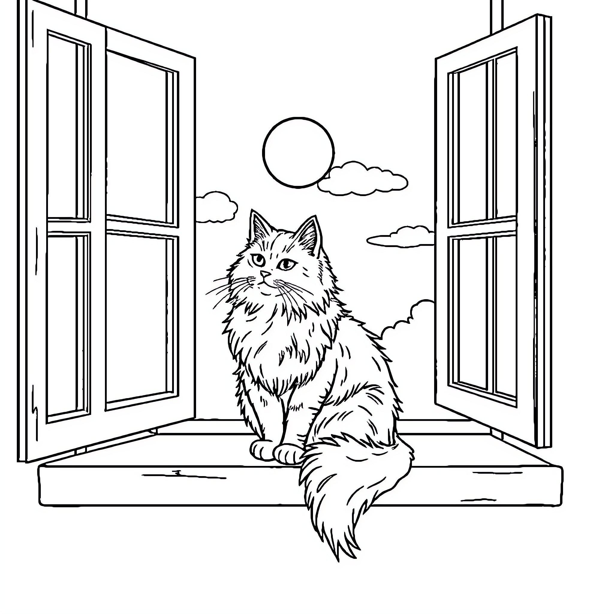 Cat Looking Out from Open Window Coloring Page (free black-and-white line drawing printable PDF for all, from beginners to advanced learners, including children, teens, adults, and seniors)