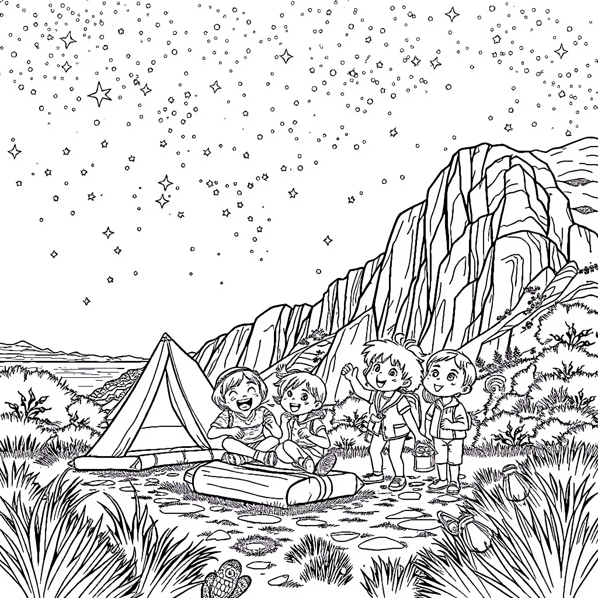 Kid's Camping Adventure Under the Starry Sky Coloring Page (free black-and-white line drawing printable PDF for all, from beginners to advanced learners, including children, teens, adults, and seniors)