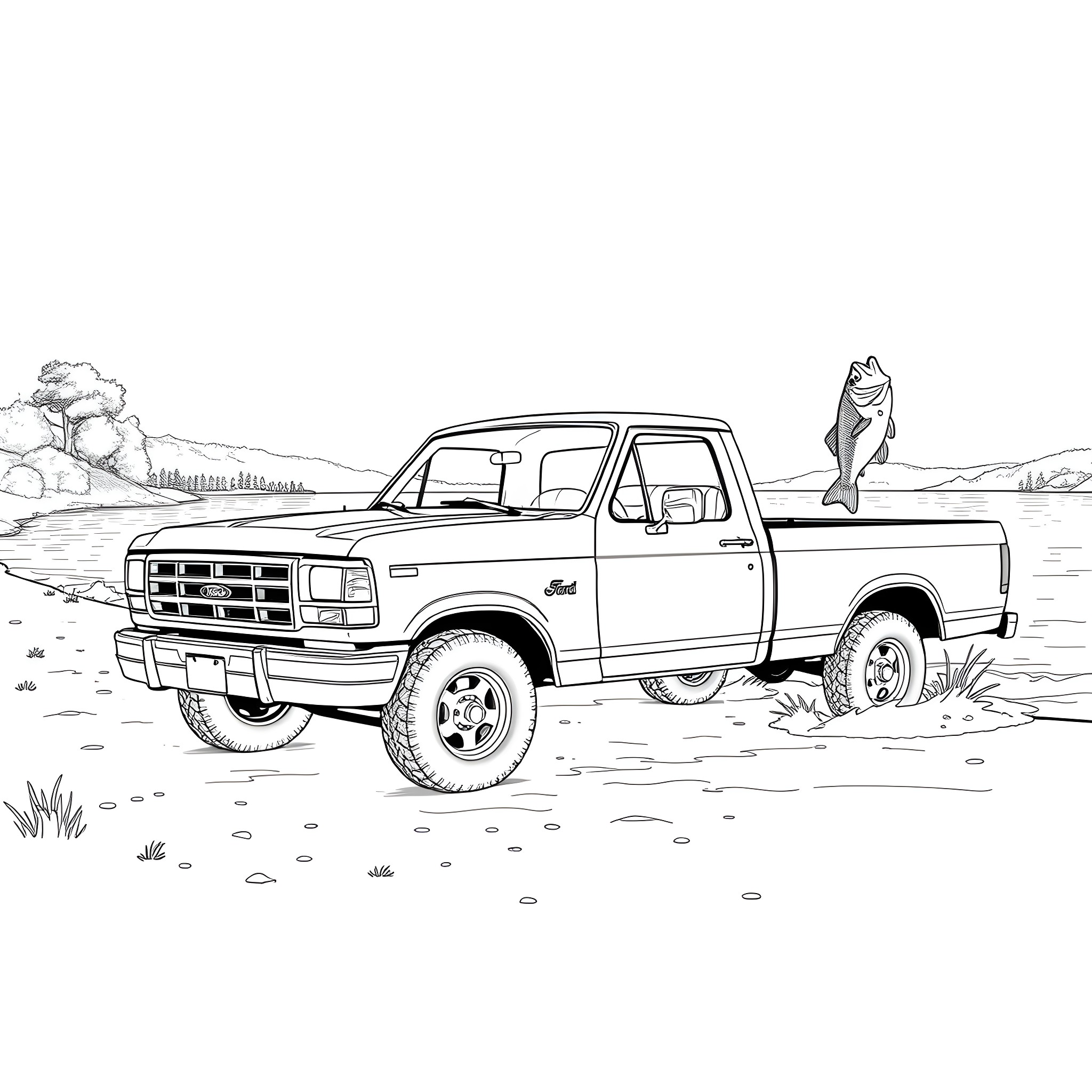 Ford Pickup Truck Fishing by the Lake Coloring Page (free black-and-white line drawing printable PDF for all, from beginners to advanced learners, including children, teens, adults, and seniors)