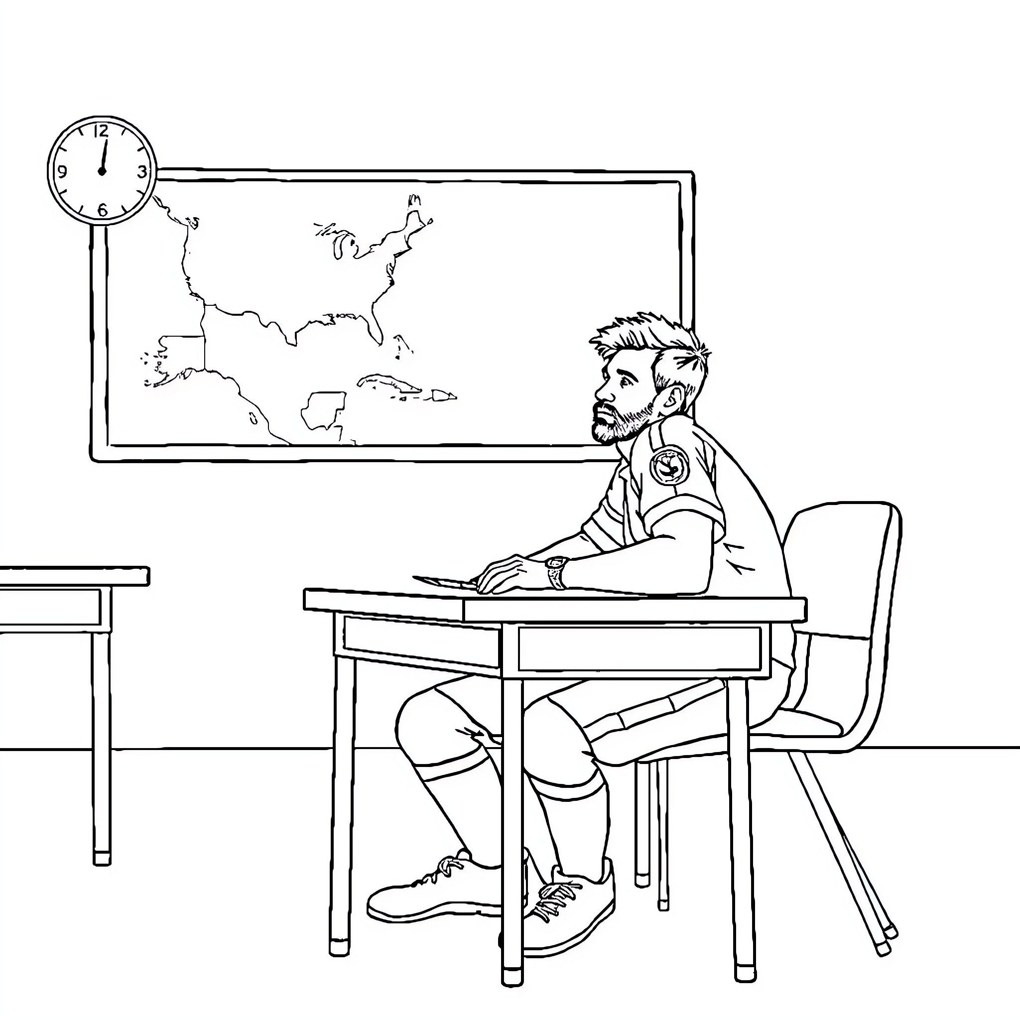 Messi studying a world map in the classroom Coloring Page (free black-and-white line drawing printable PDF for all, from beginners to advanced learners, including children, teens, adults, and seniors)