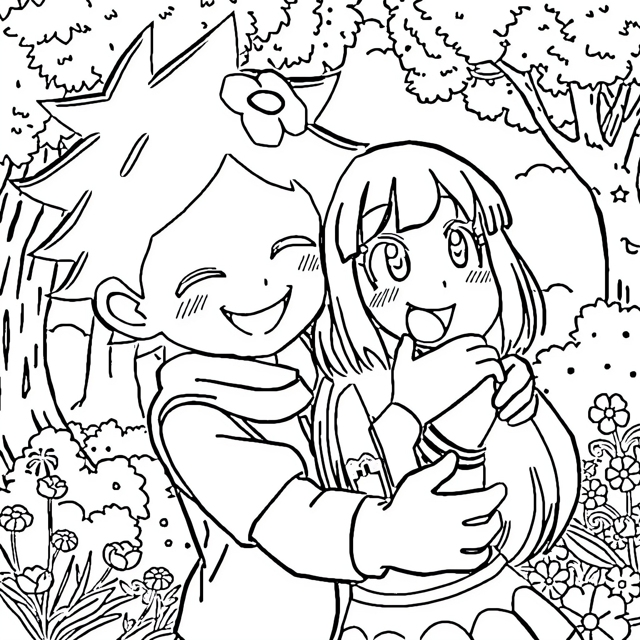 Deku and Girl Embracing in Floral Outdoor Scene Coloring Page (free black-and-white line drawing printable PDF for all, from beginners to advanced learners, including children, teens, adults, and seniors)