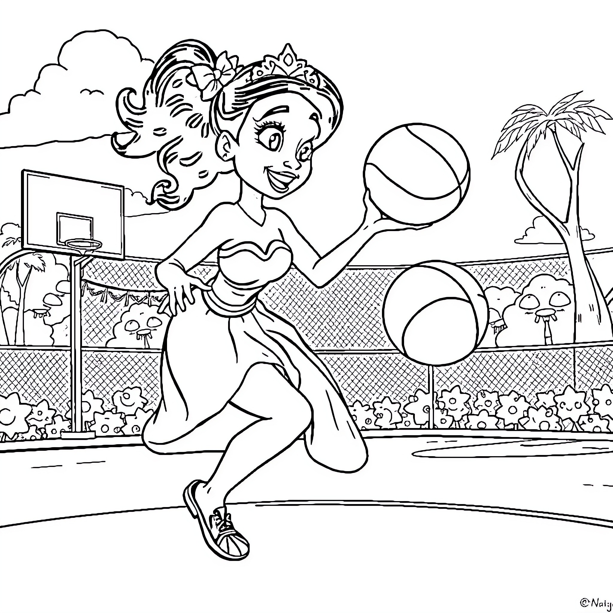 Princess Tiana playing basketball outdoors Coloring Page (free black-and-white line drawing printable PDF for all, from beginners to advanced learners, including children, teens, adults, and seniors)