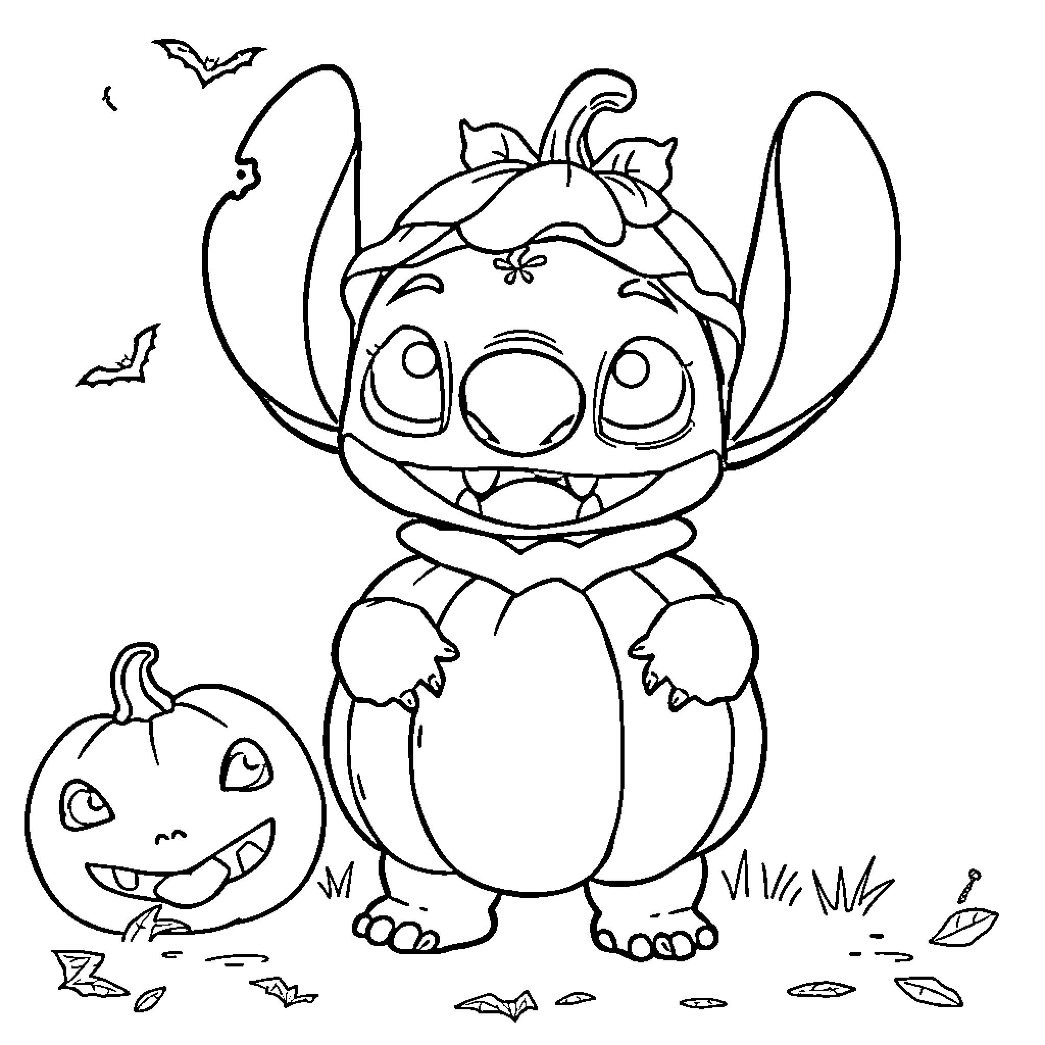 Stitch enjoying Halloween with a pumpkin Coloring Page (free black-and-white line drawing printable PDF for all, from beginners to advanced learners, including children, teens, adults, and seniors)