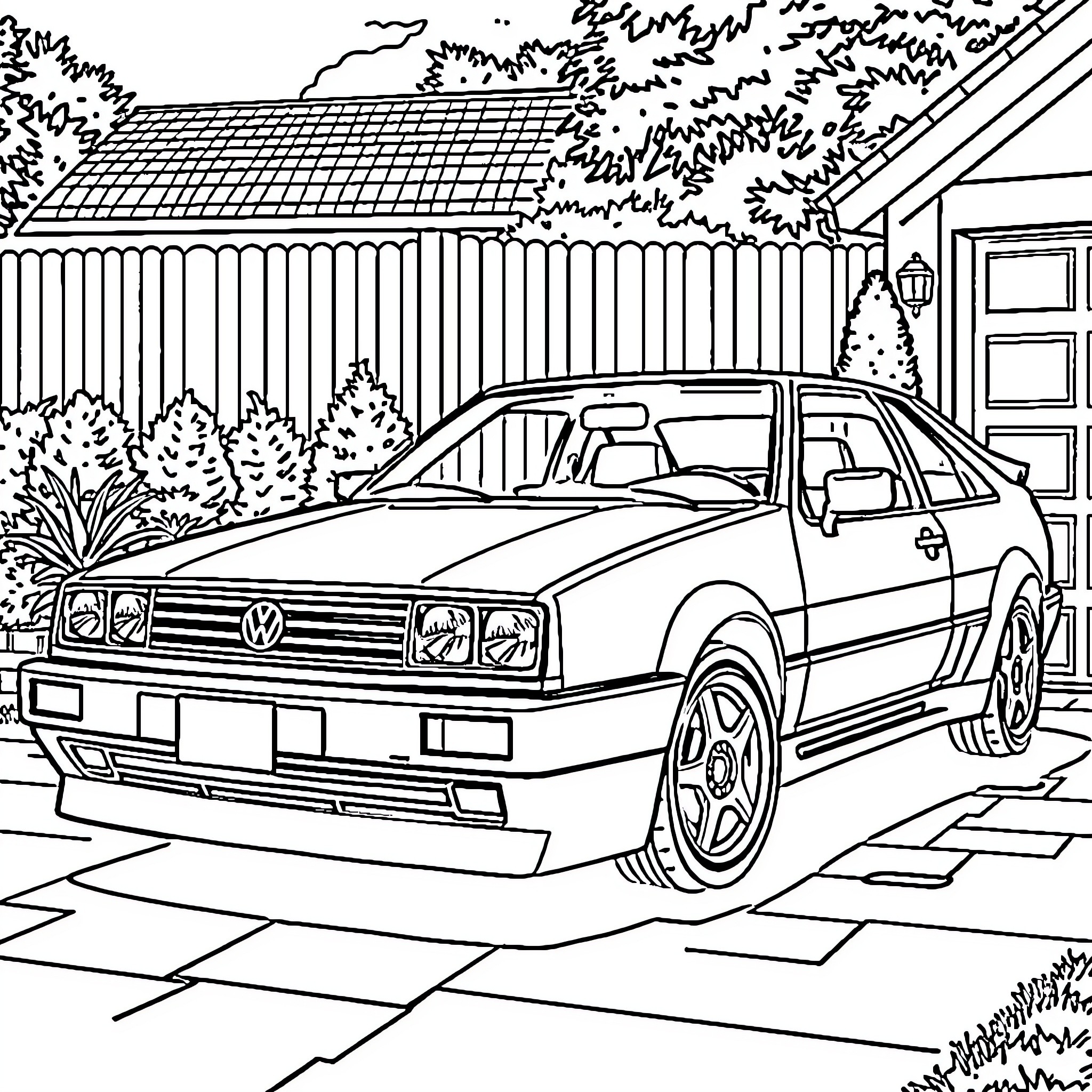Volkswagen car parked in front of a house Coloring Page (free black-and-white line drawing printable PDF for all, from beginners to advanced learners, including children, teens, adults, and seniors)