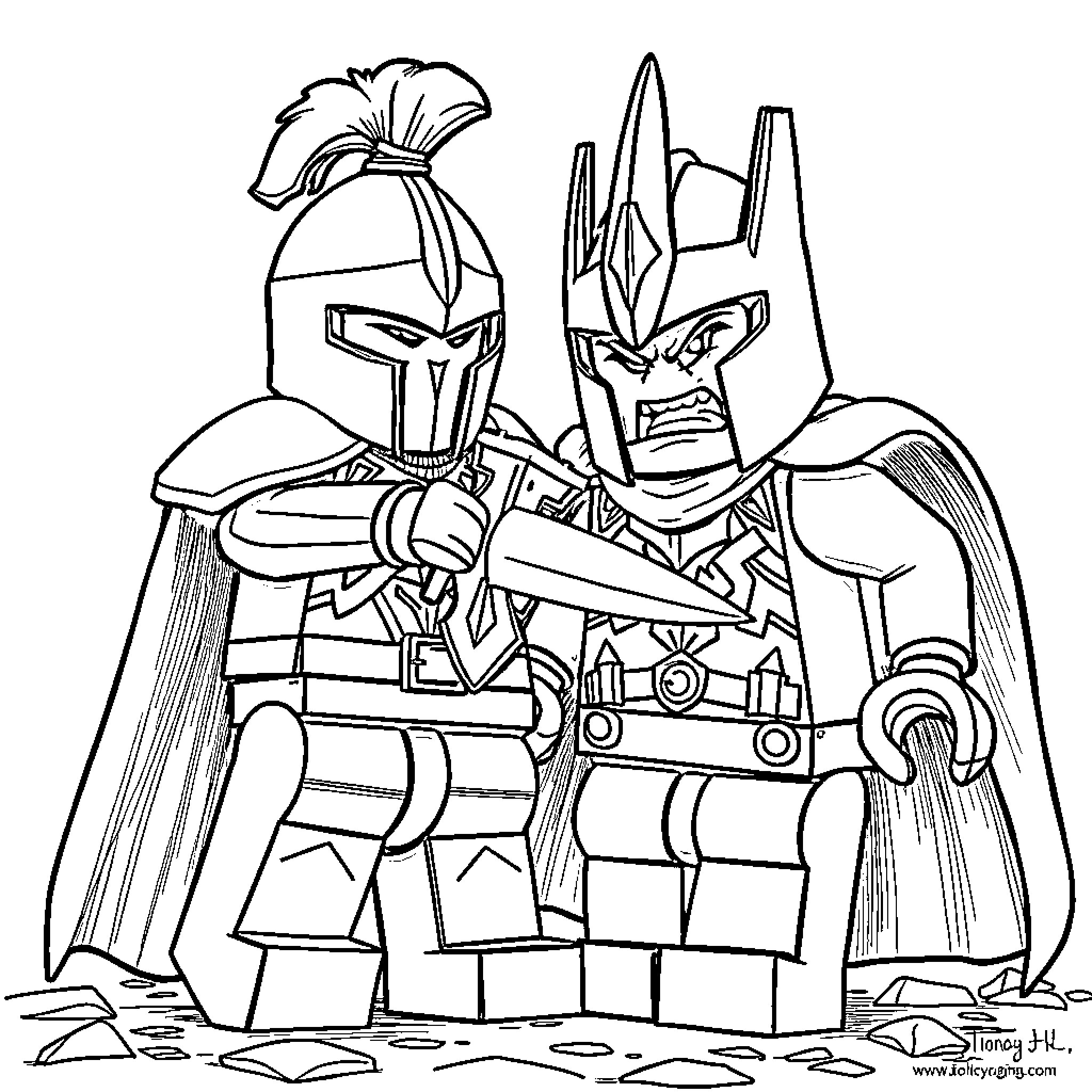 Knight warriors in battle stance Coloring Page (free black-and-white line drawing printable PDF for all, from beginners to advanced learners, including children, teens, adults, and seniors)