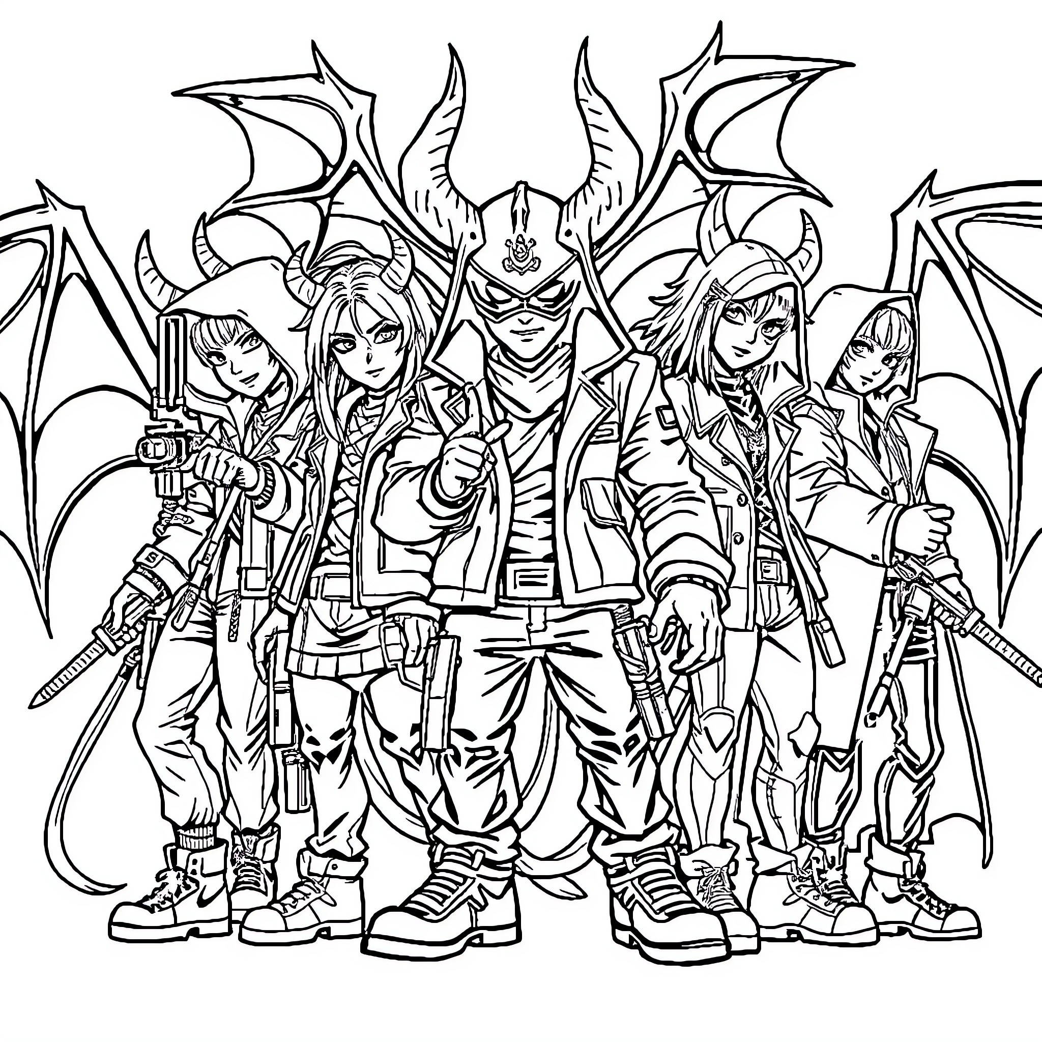 Demon Hunter Team in Action Poses Coloring Page (free black-and-white line drawing printable PDF for all, from beginners to advanced learners, including children, teens, adults, and seniors)