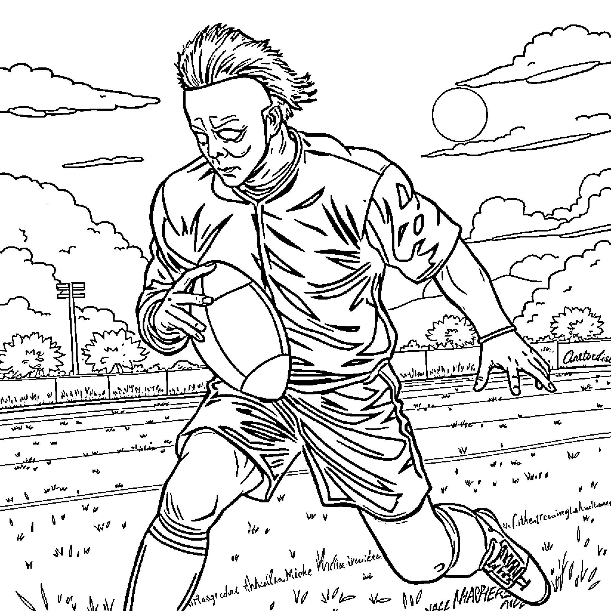 Michael Myers stealthily stalking in the shadowy night Coloring Page (free black-and-white line drawing printable PDF for all, from beginners to advanced learners, including children, teens, adults, and seniors)