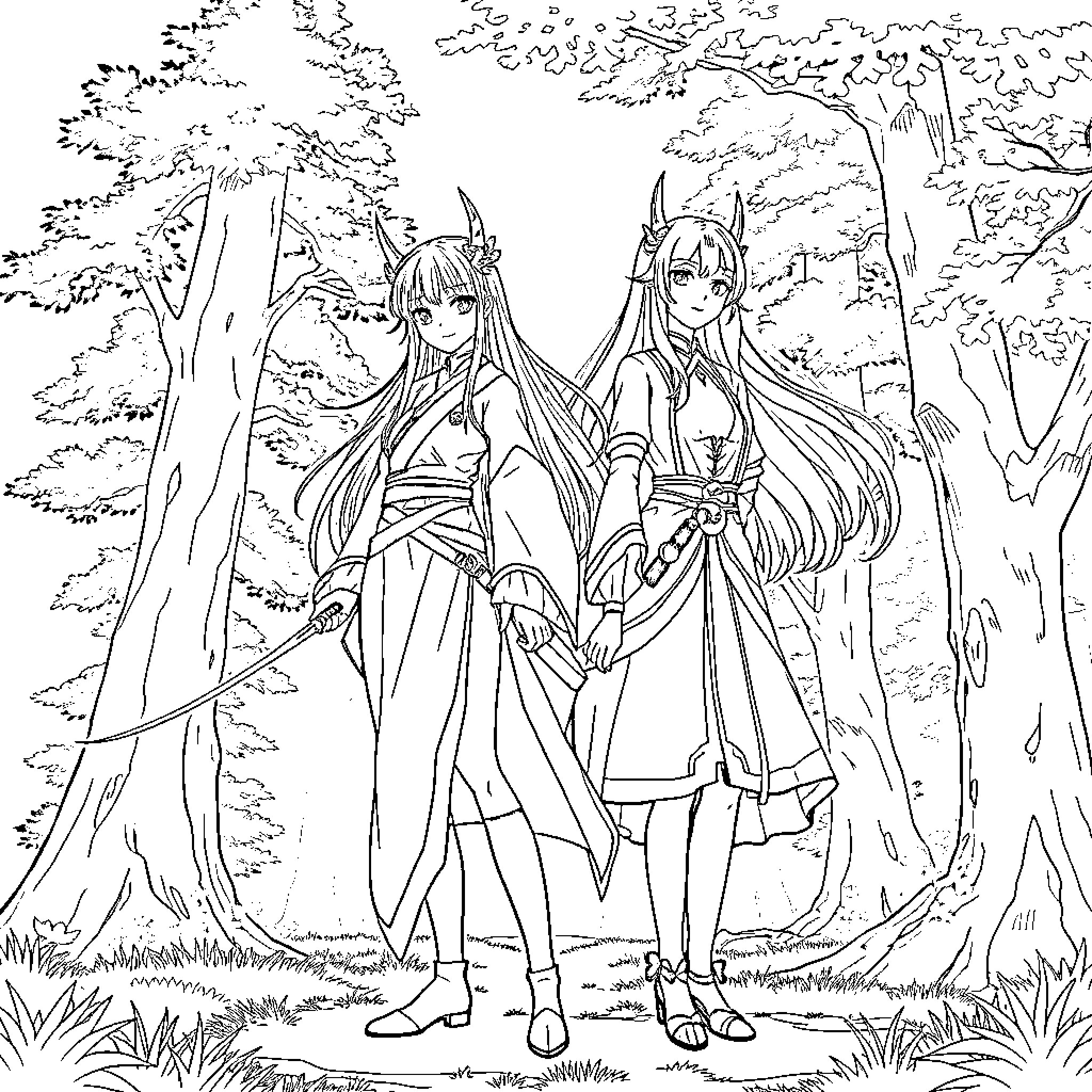 Shinobu and Companion in Wooded Landscape Coloring Page (free black-and-white line drawing printable PDF for all, from beginners to advanced learners, including children, teens, adults, and seniors)