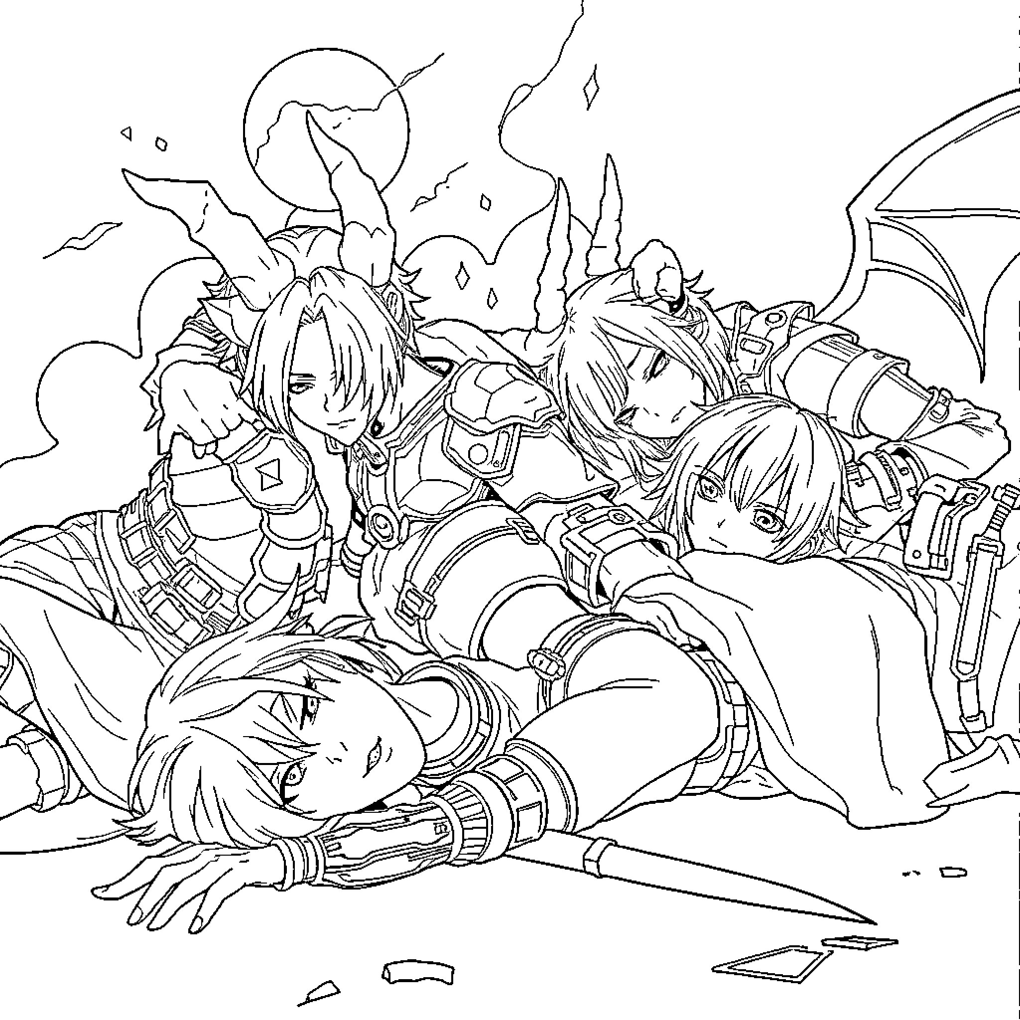 Demon Hunter Warriors in Intense Battle Coloring Page (free black-and-white line drawing printable PDF for all, from beginners to advanced learners, including children, teens, adults, and seniors)