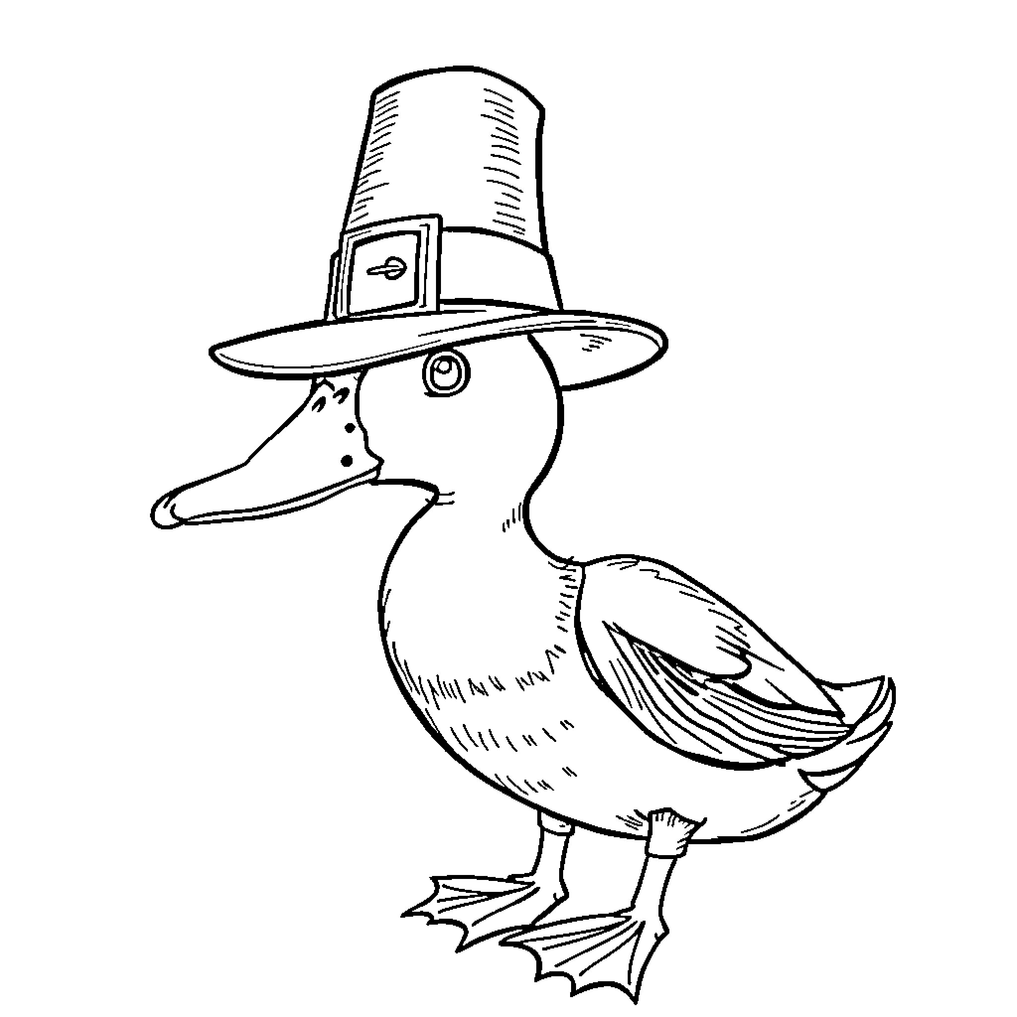 Duck wearing pilgrim hat Coloring Page (free black-and-white line drawing printable PDF for all, from beginners to advanced learners, including children, teens, adults, and seniors)
