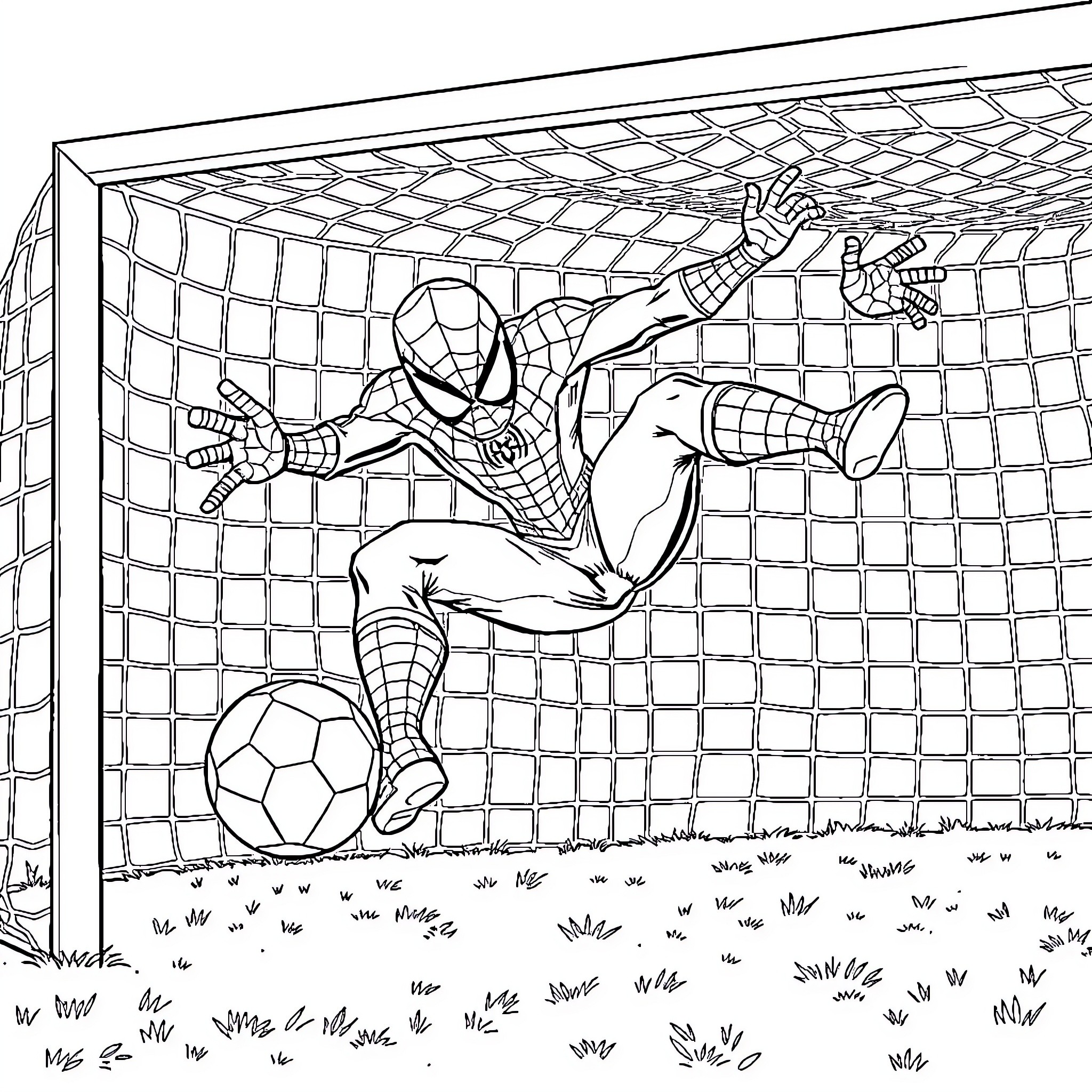Spiderman leaping heroically to save the soccer ball Coloring Page (free black-and-white line drawing printable PDF for all, from beginners to advanced learners, including children, teens, adults, and seniors)