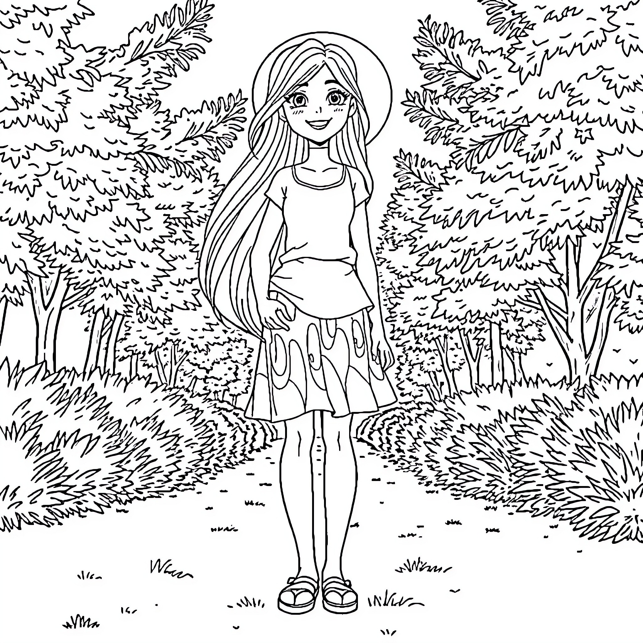 Girl enjoying nature in a forest Coloring Page (free black-and-white line drawing printable PDF for all, from beginners to advanced learners, including children, teens, adults, and seniors)