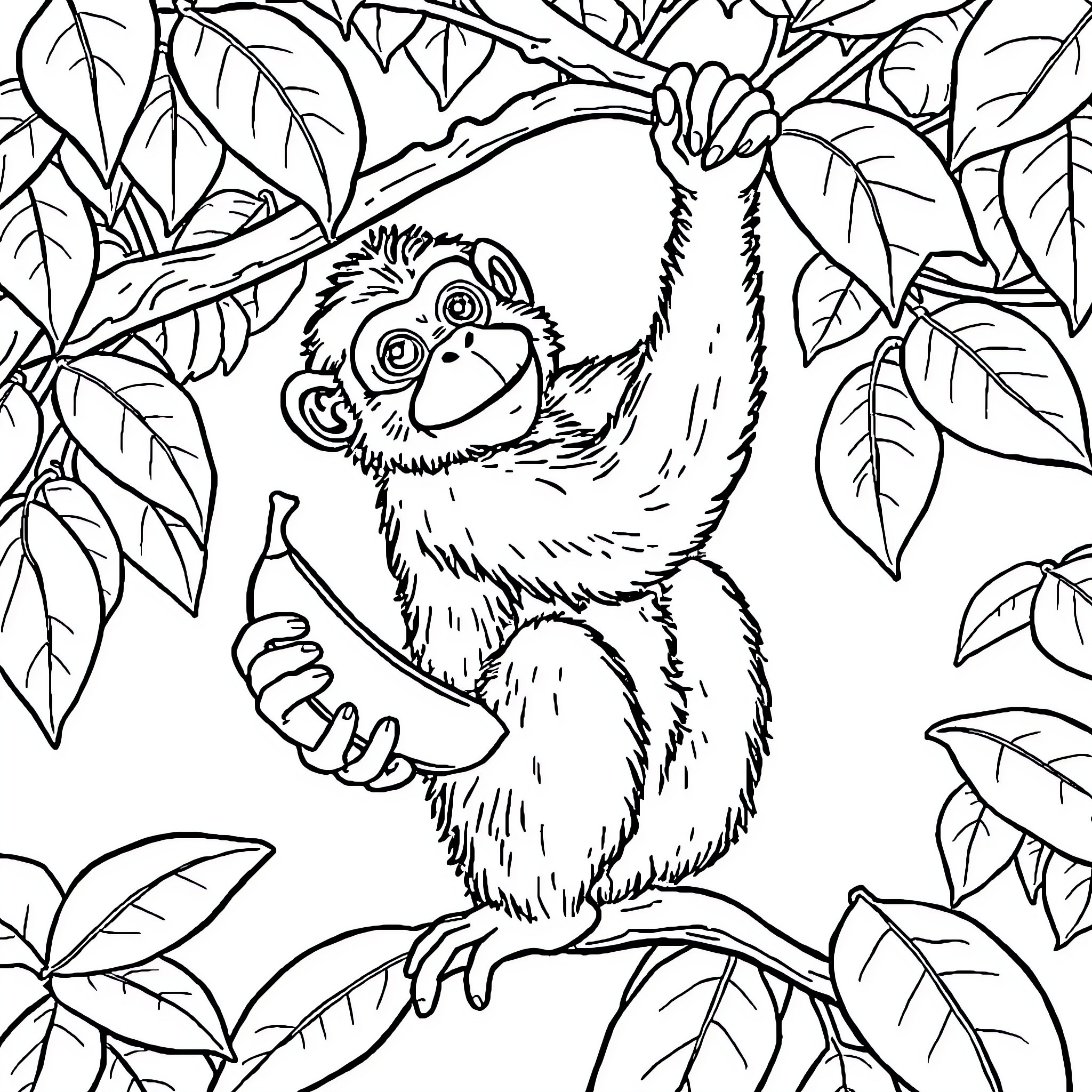 Monkey playing in the jungle Coloring Page (free black-and-white line drawing printable PDF for all, from beginners to advanced learners, including children, teens, adults, and seniors)