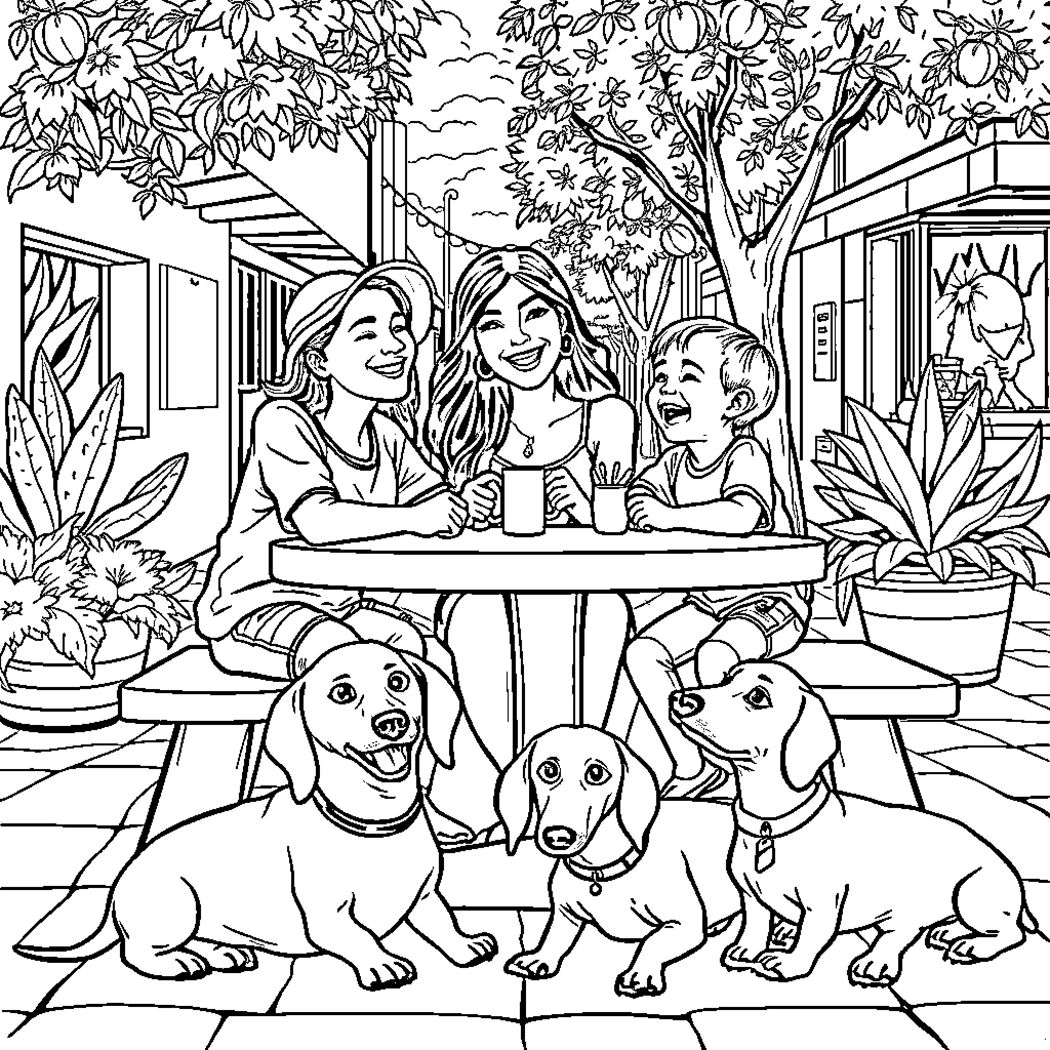 Mom and children enjoying outdoor time with pets Coloring Page (free black-and-white line drawing printable PDF for all, from beginners to advanced learners, including children, teens, adults, and seniors)