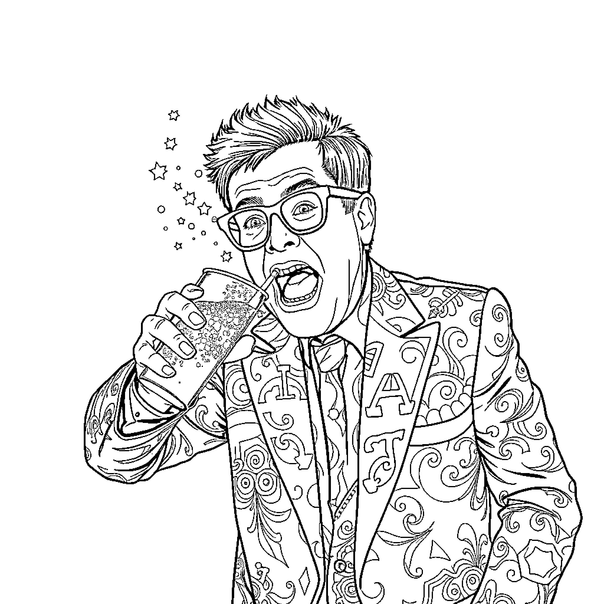 Elton John's Exuberant Performance on Stage Coloring Page (free black-and-white line drawing printable PDF for all, from beginners to advanced learners, including children, teens, adults, and seniors)
