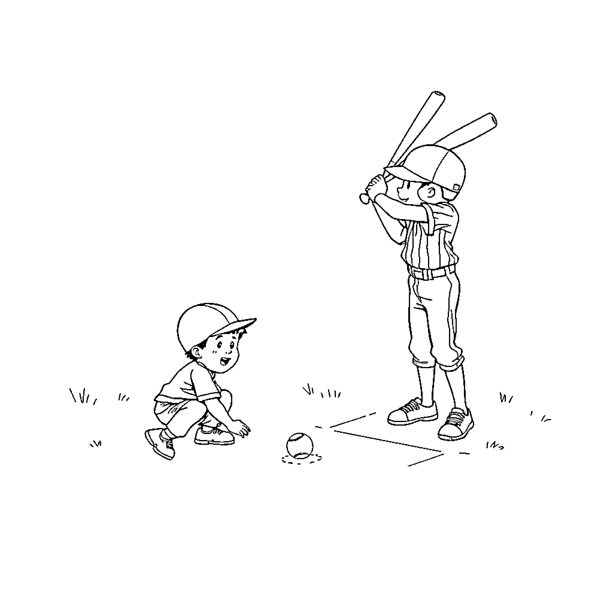 Boy playing baseball with friend in the park Coloring Page (free black-and-white line drawing printable PDF for all, from beginners to advanced learners, including children, teens, adults, and seniors)