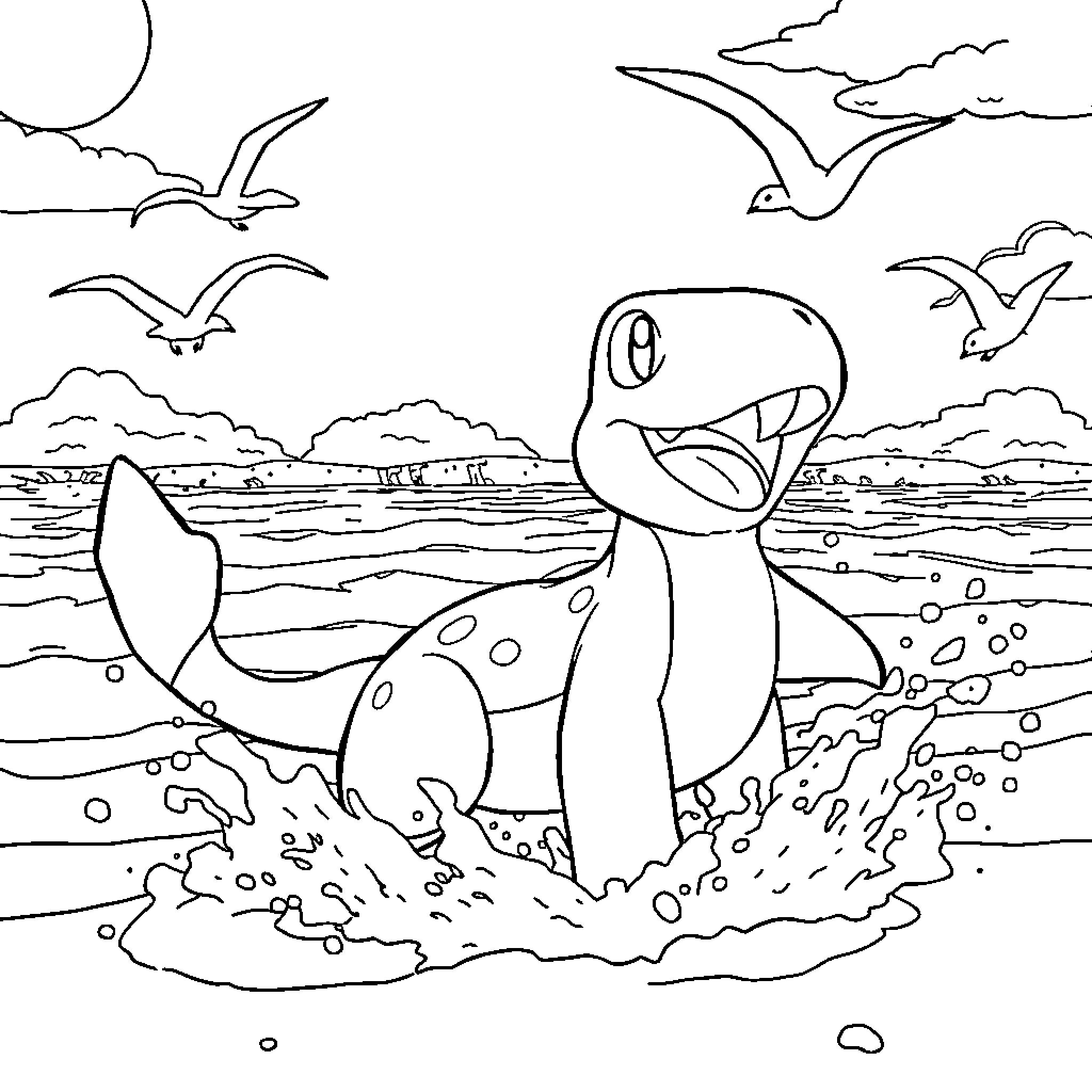 Terrapagos Creature in Coastal Scenery Coloring Page (free black-and-white line drawing printable PDF for all, from beginners to advanced learners, including children, teens, adults, and seniors)