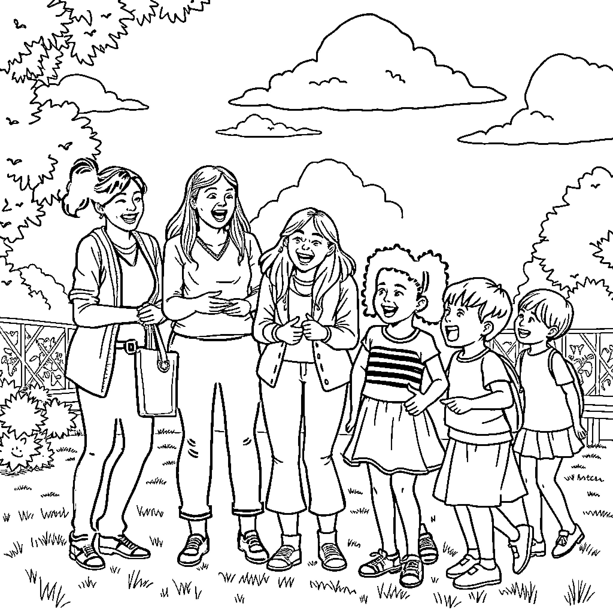 Teacher and students in an outdoor setting Coloring Page (free black-and-white line drawing printable PDF for all, from beginners to advanced learners, including children, teens, adults, and seniors)